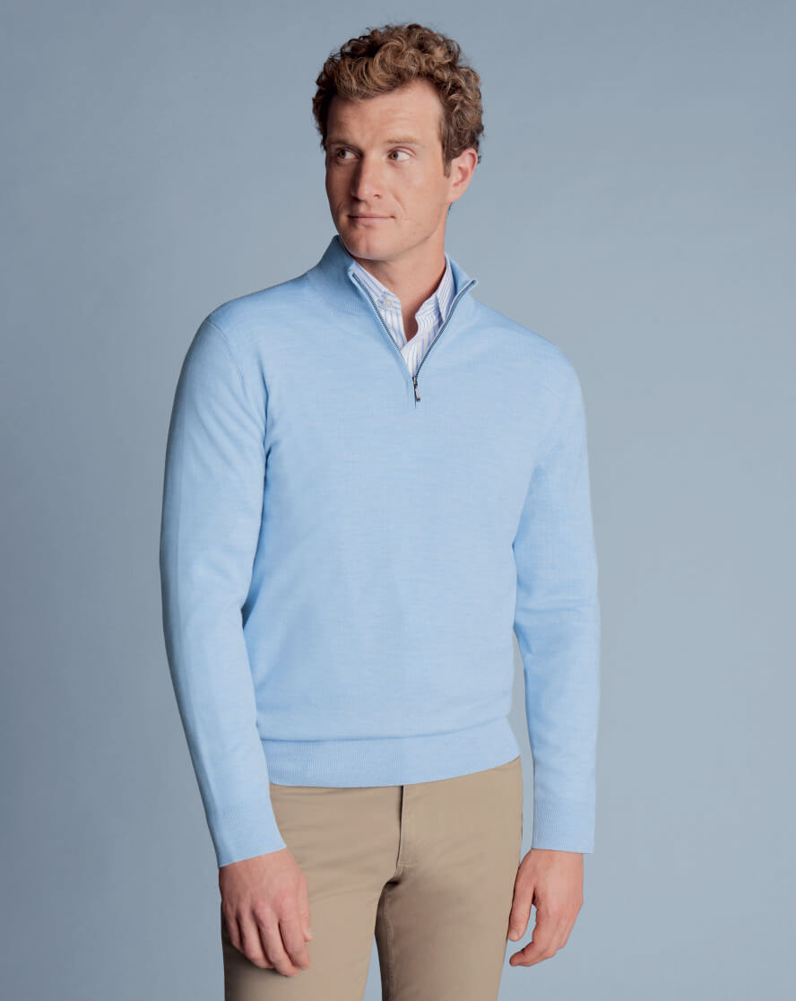 Merino Quarter Zip Sweater - Sky Blue