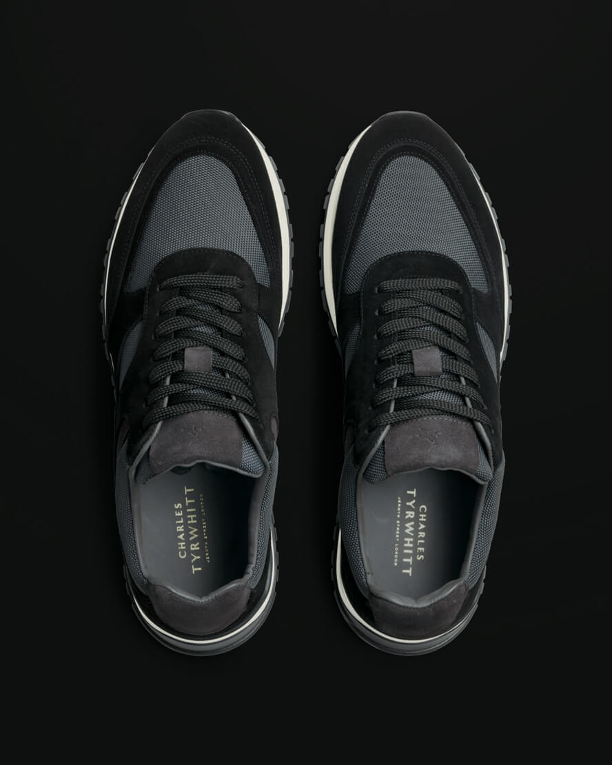 Suede and Grey Textile Trainer - Black & Grey