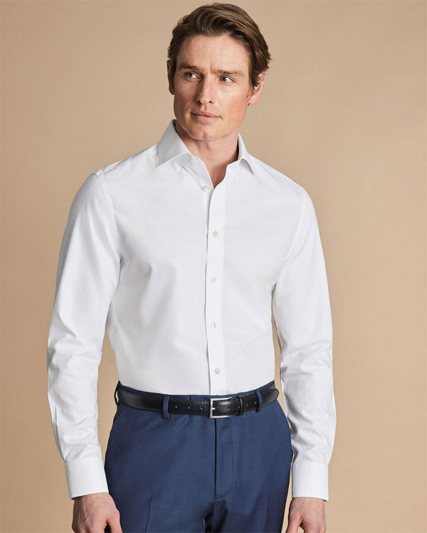 Spread Collar Non-Iron Stretch Kensington Weave Shirt - White