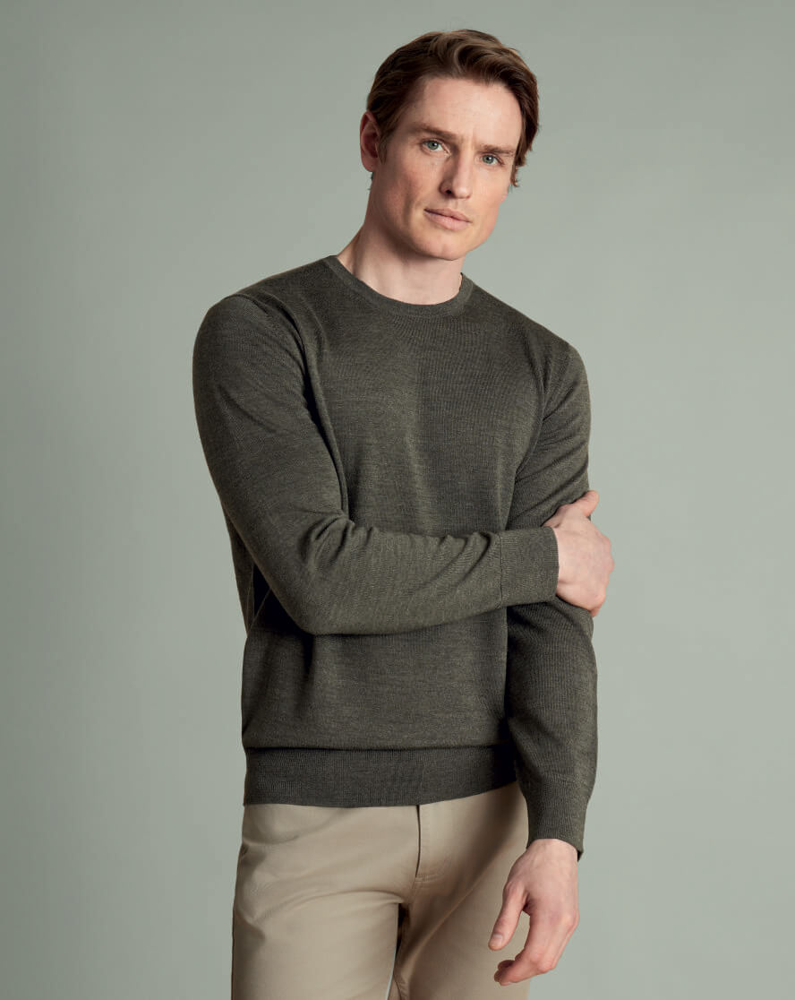 Merino Crew Neck Sweater - Olive Green