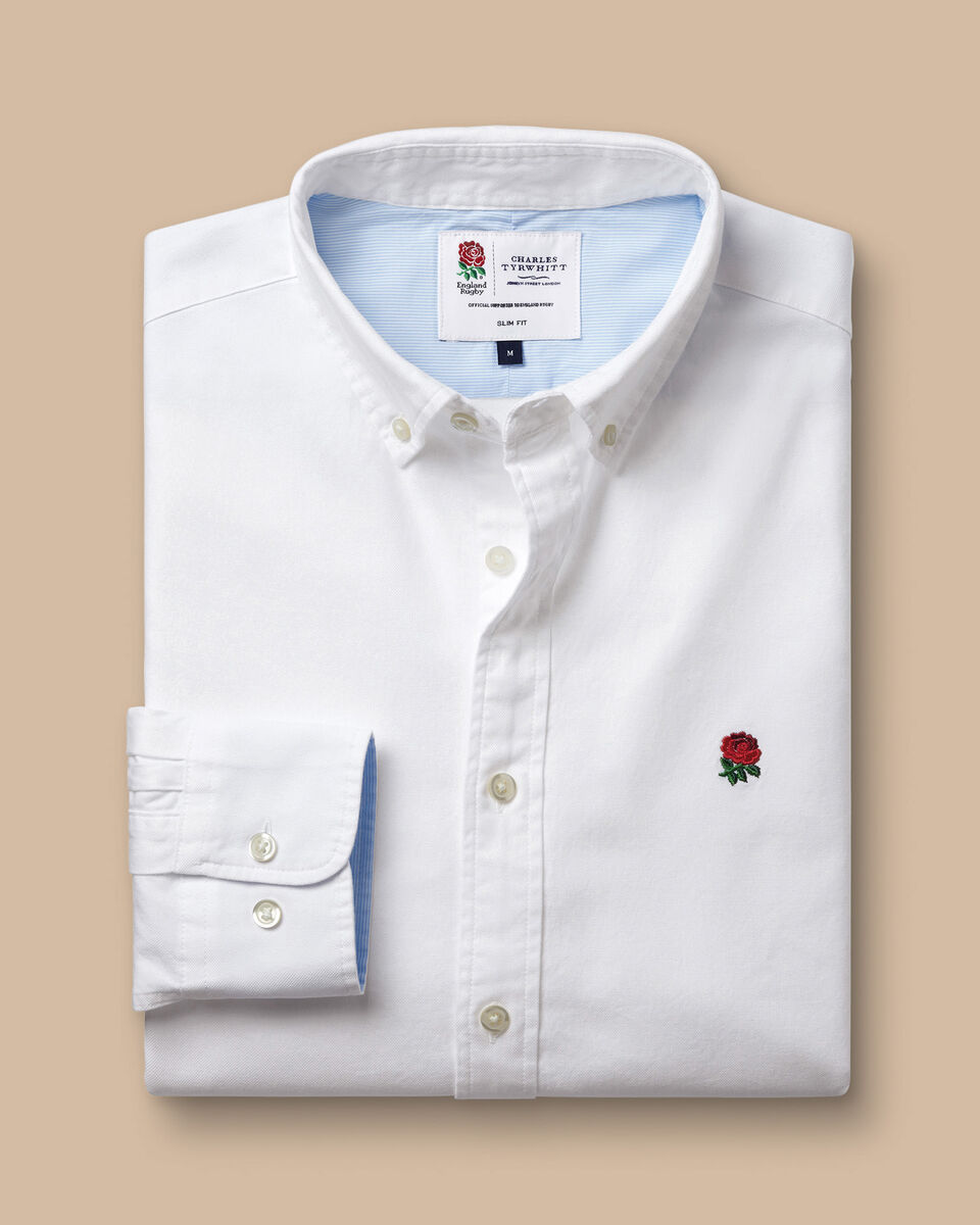 England Rugby Button-Down Collar Washed Oxford Shirt with Red Rose - White