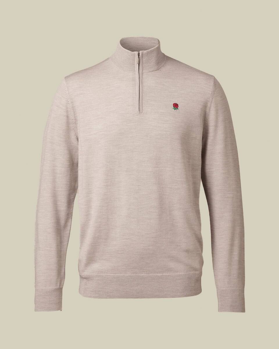 England Rugby Merino Zip Neck Jumper - Limestone