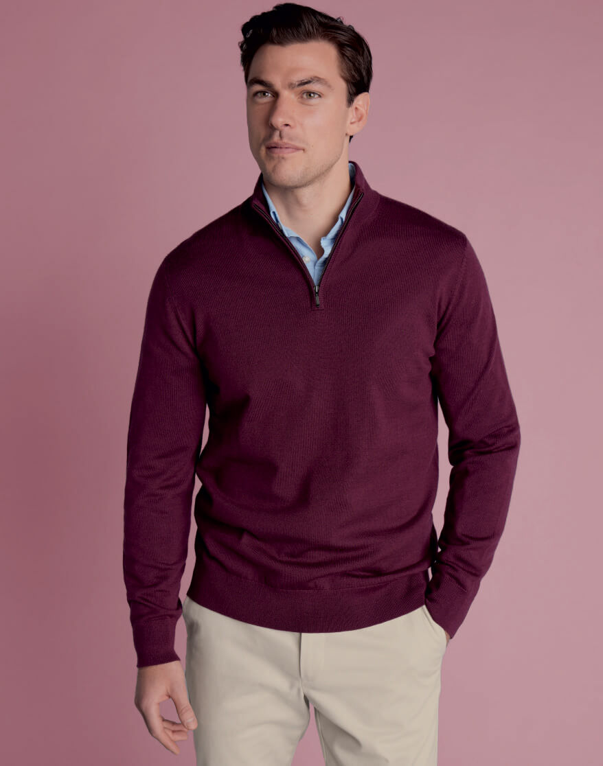 Merino Zip Neck Jumper - Burgundy