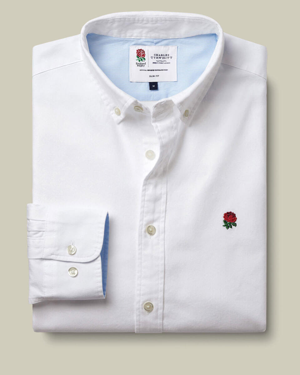 England Rugby Washed Oxford Shirt with Red Rose - White