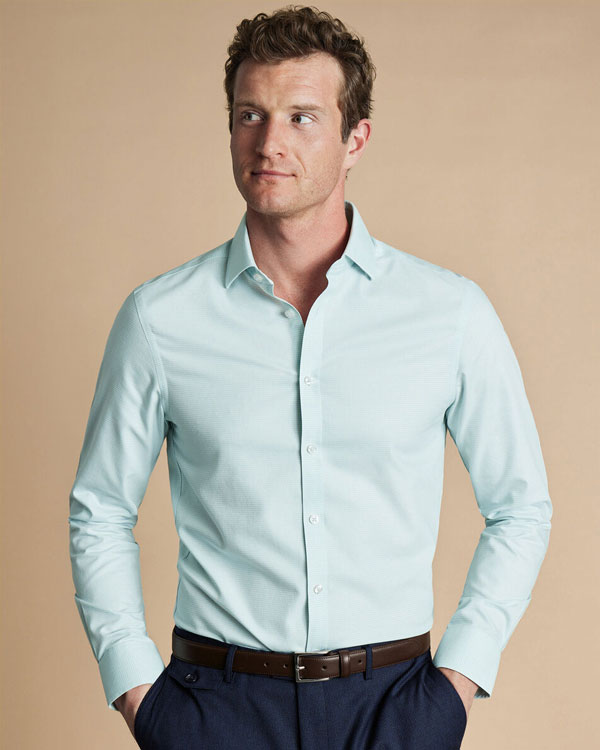 Spread Collar Non-Iron Stretch Kensington Weave Shirt - Aqua Green