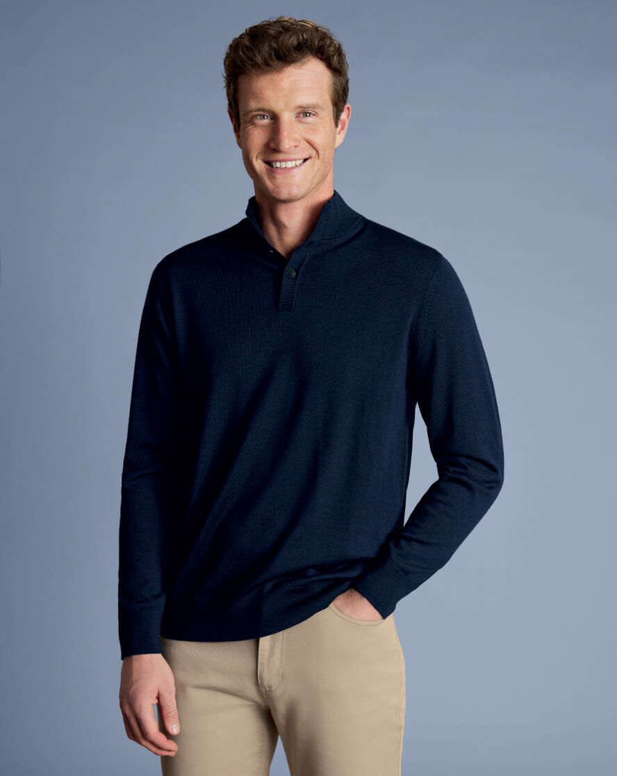 Merino Button Neck Jumper - Navy