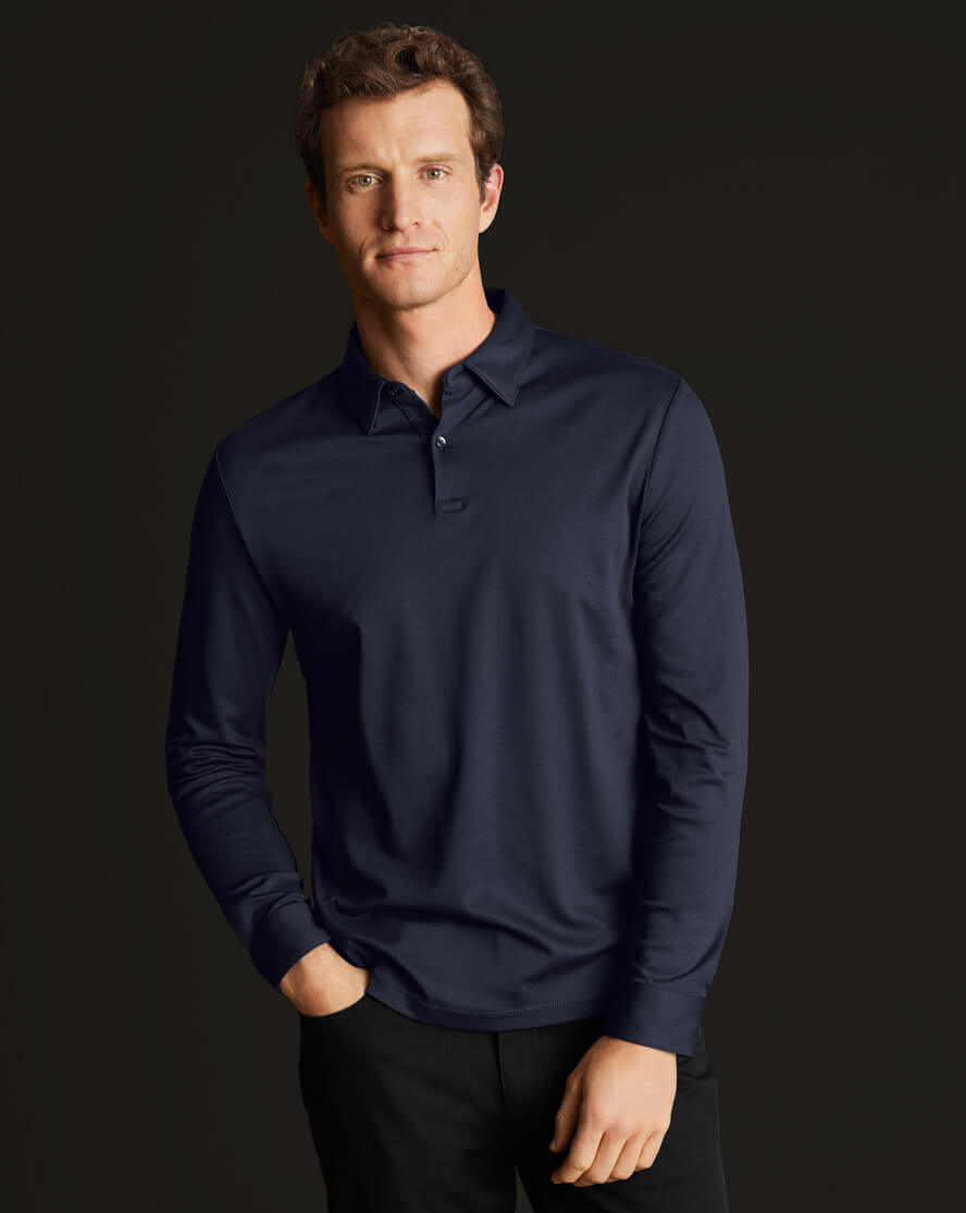 Smartes Langarm-Polo aus Jersey - Marineblau