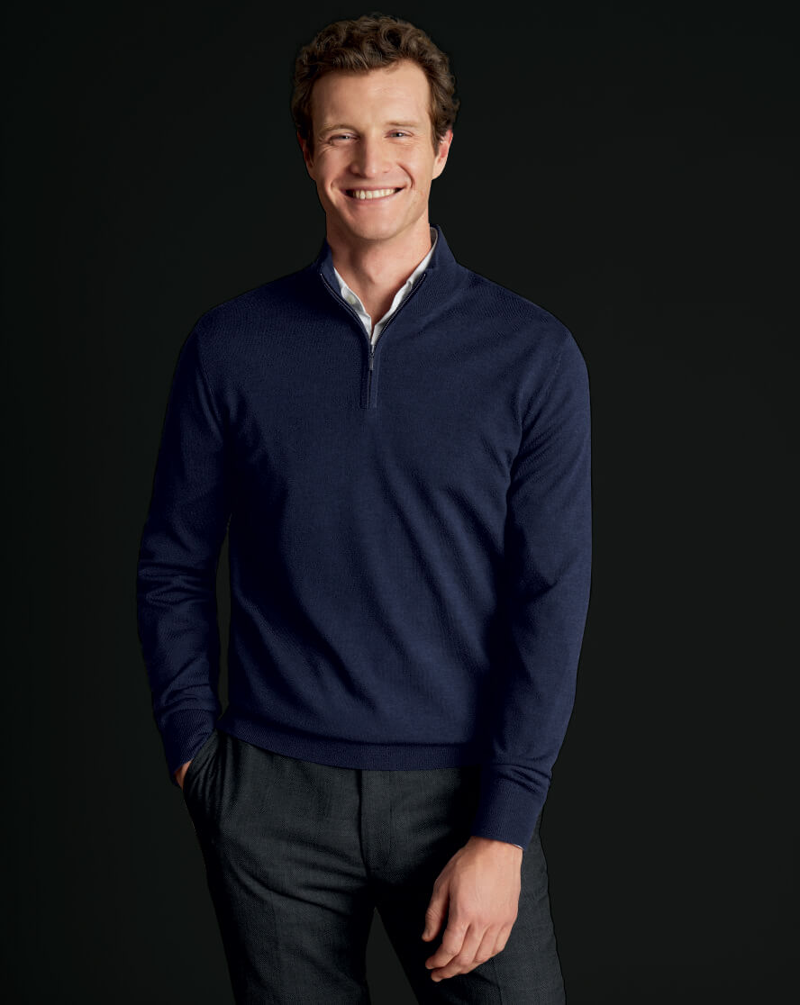 Merino Zip Neck Sweater - Navy