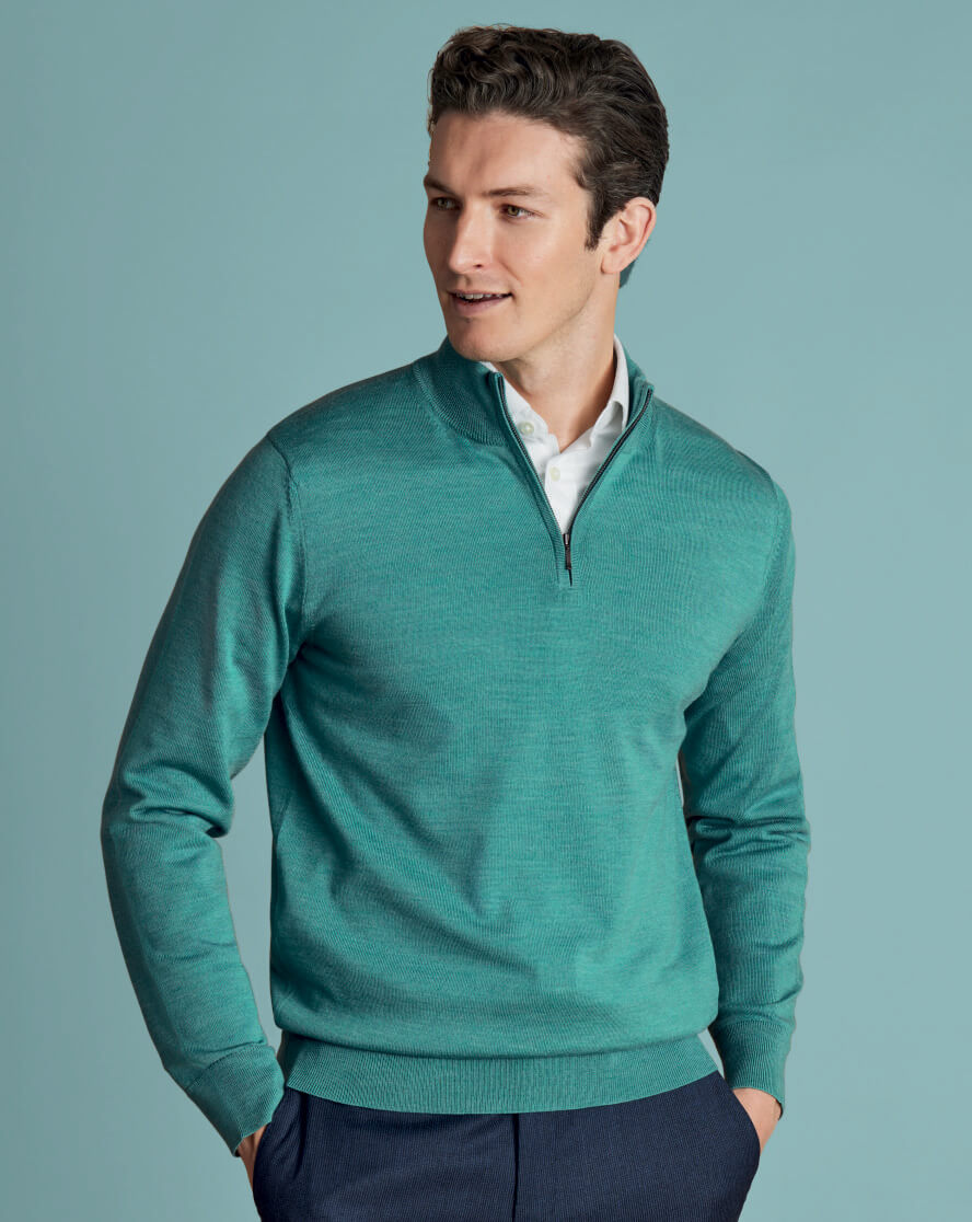 Merino Zip Neck Jumper  - Aqua Green