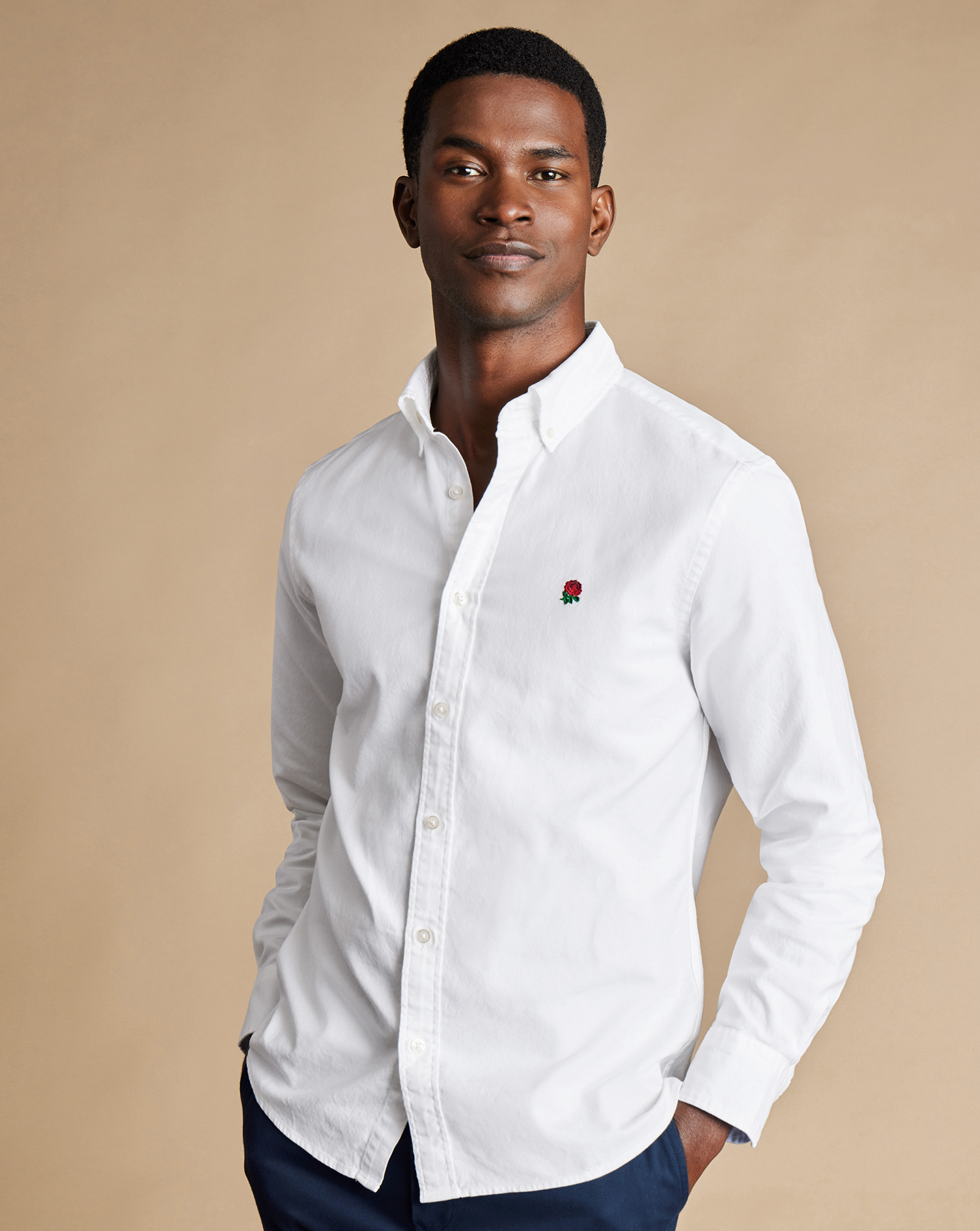 England Rugby Button-Down Collar Washed Oxford Shirt with Red Rose - White