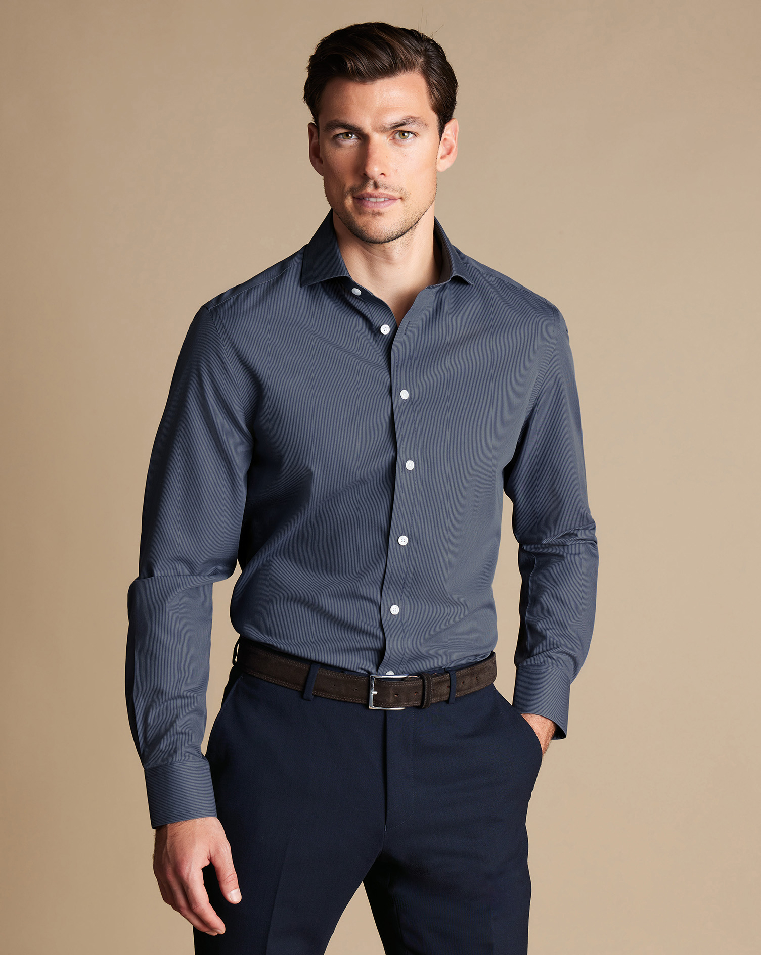 Cutaway Collar Non-Iron Poplin Hairline Stripe Shirt - Heather Blue