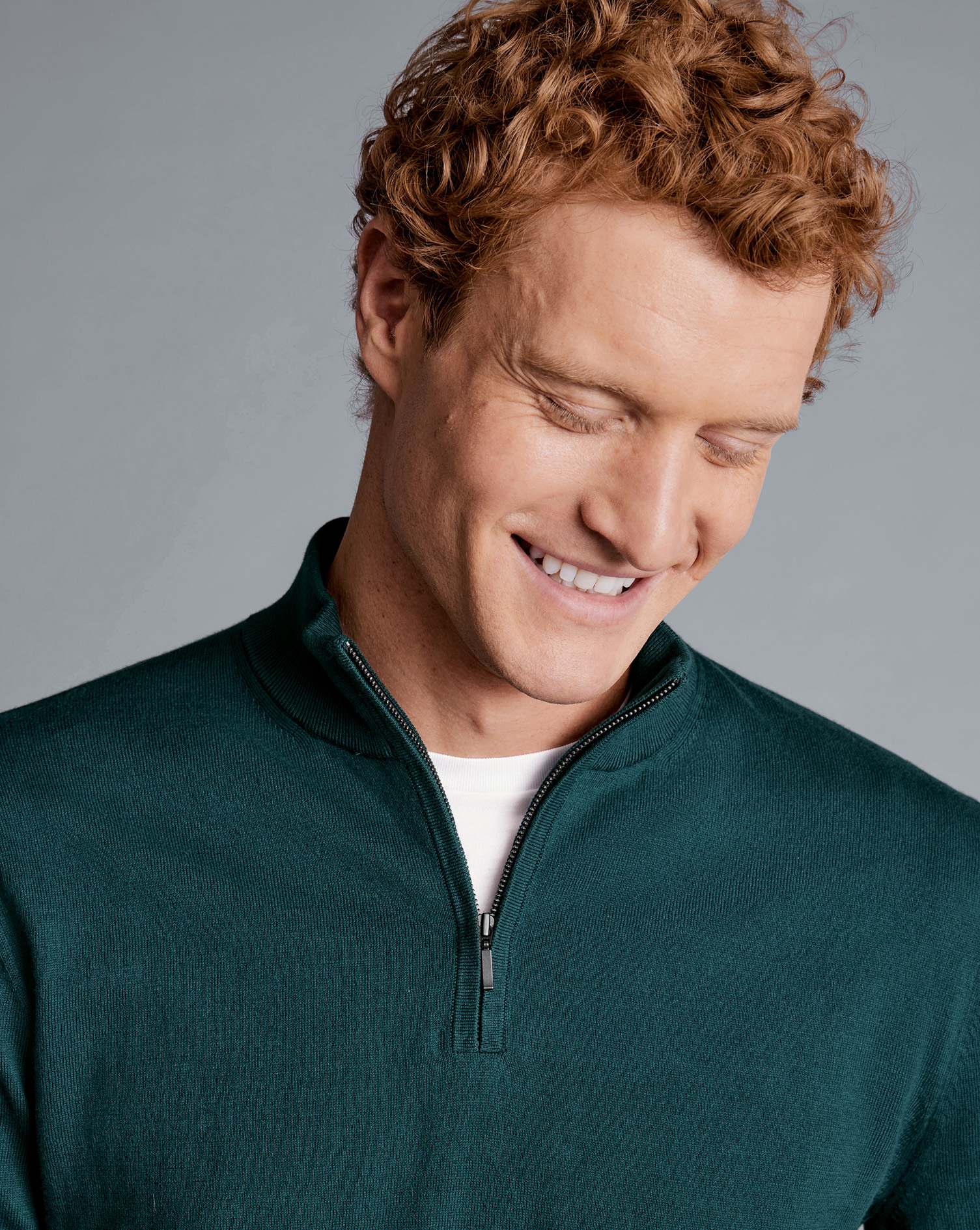 Combed Cotton Zip Neck Jumper - Teal Green