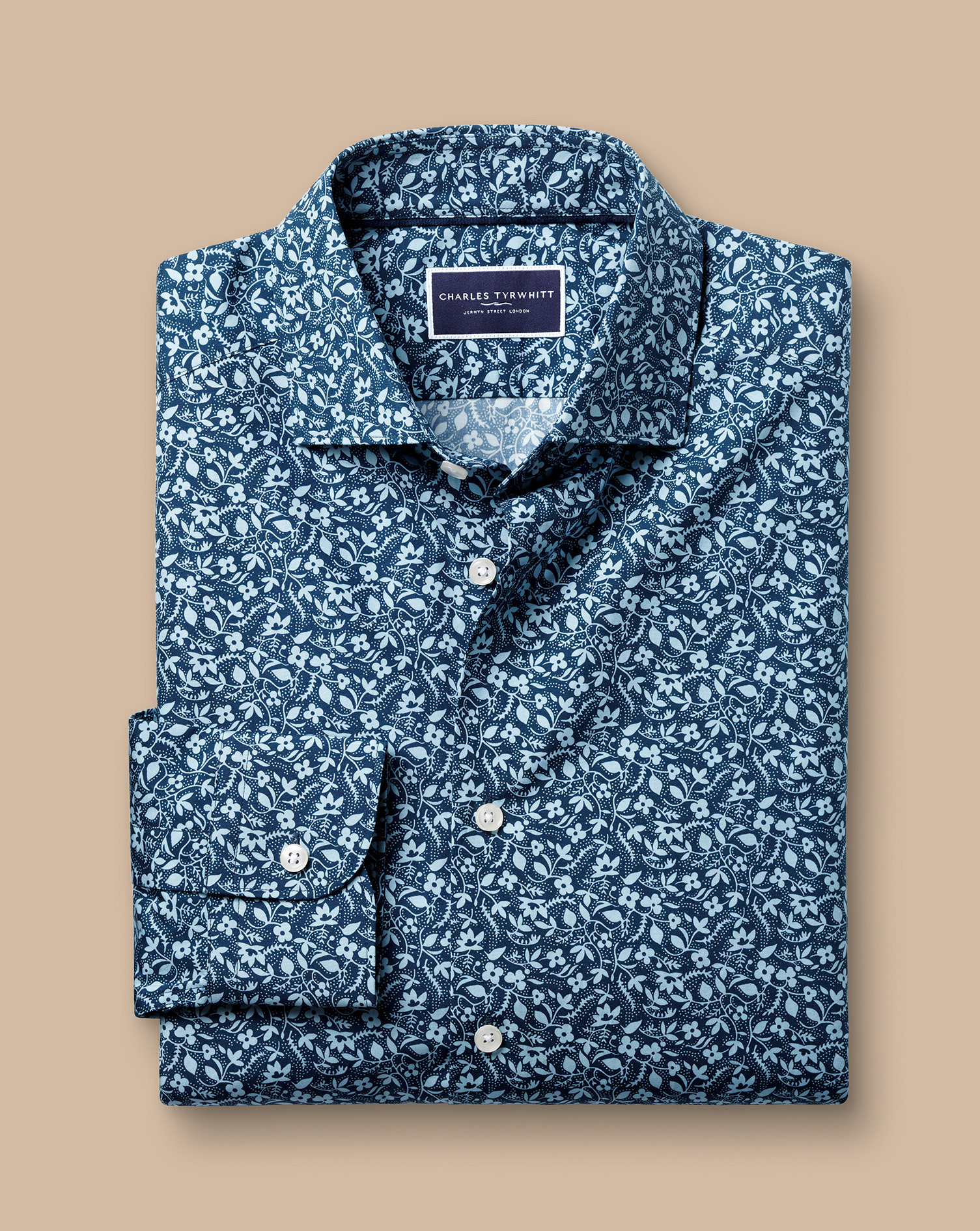 Made with Liberty Fabric Semi-Cutaway Collar Floral Print Shirt - Steel Blue