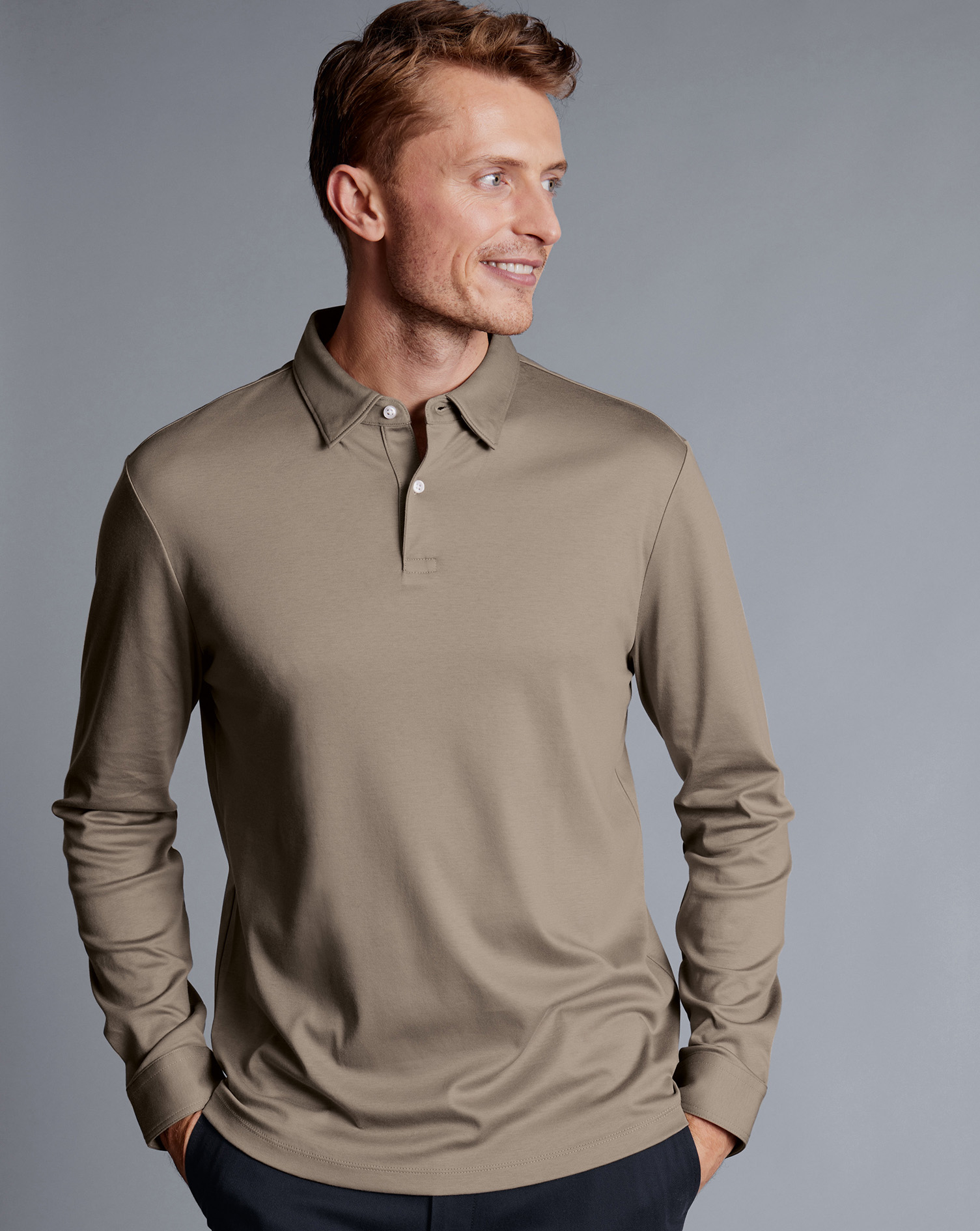 Long Sleeve Smart Jersey Polo - Taupe