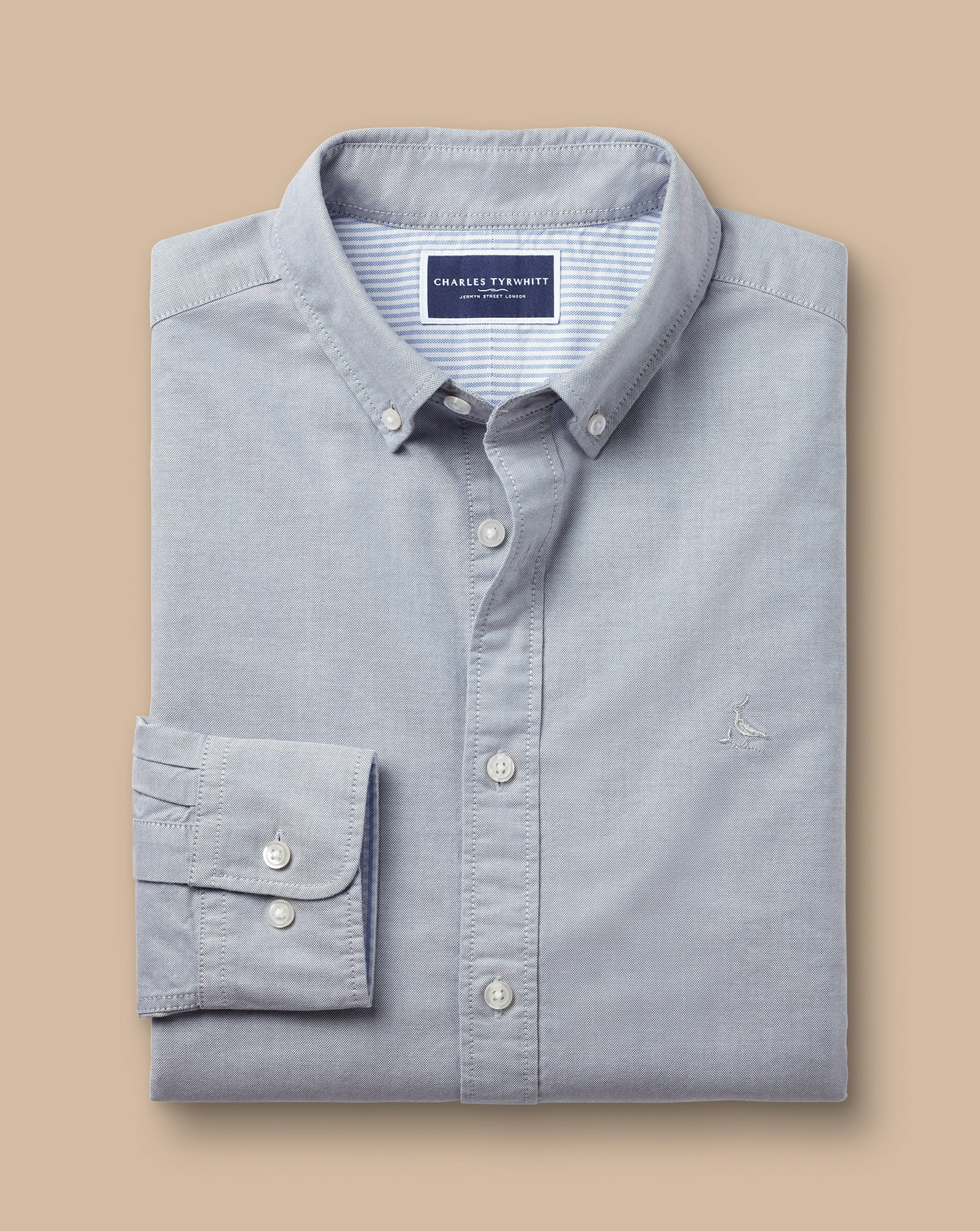 Button-Down Collar Stretch Washed Oxford Shirt - Light Grey