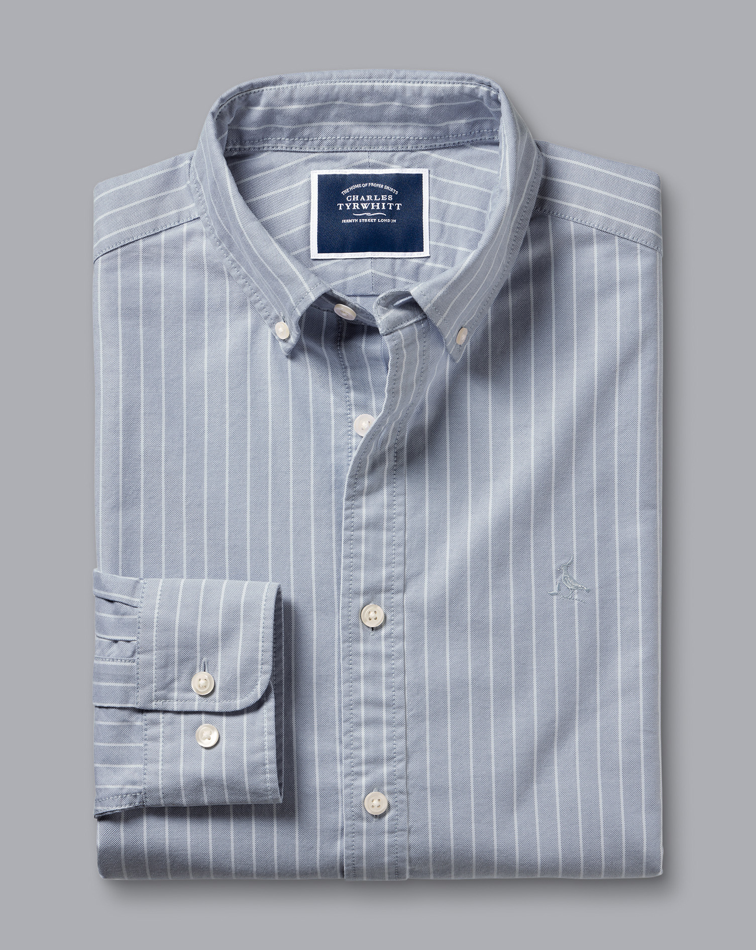 Button-Down Collar Washed Oxford Butchers Stripe Shirt - Steel Blue