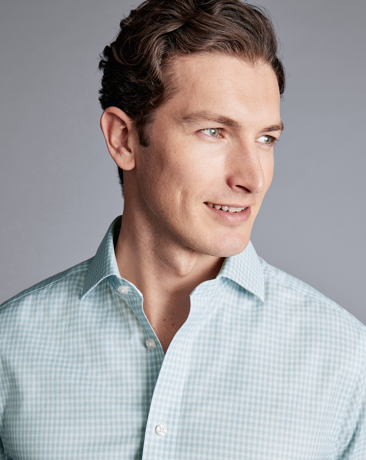 Cutaway Collar Non-Iron Double Check Shirt - Pale Teal Green