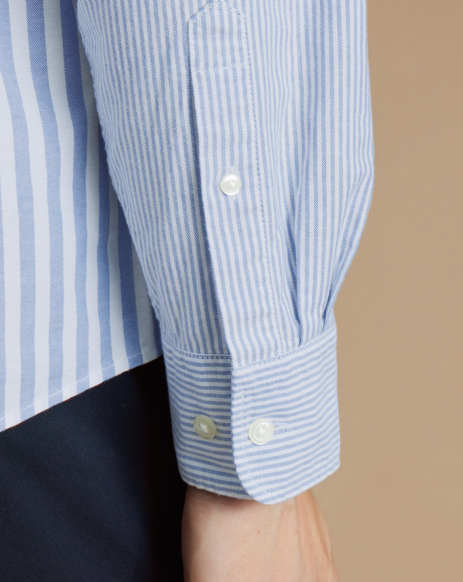 Button-Down Collar Stretch Washed Oxford Stripe Patchwork Shirt - Ocean Blue