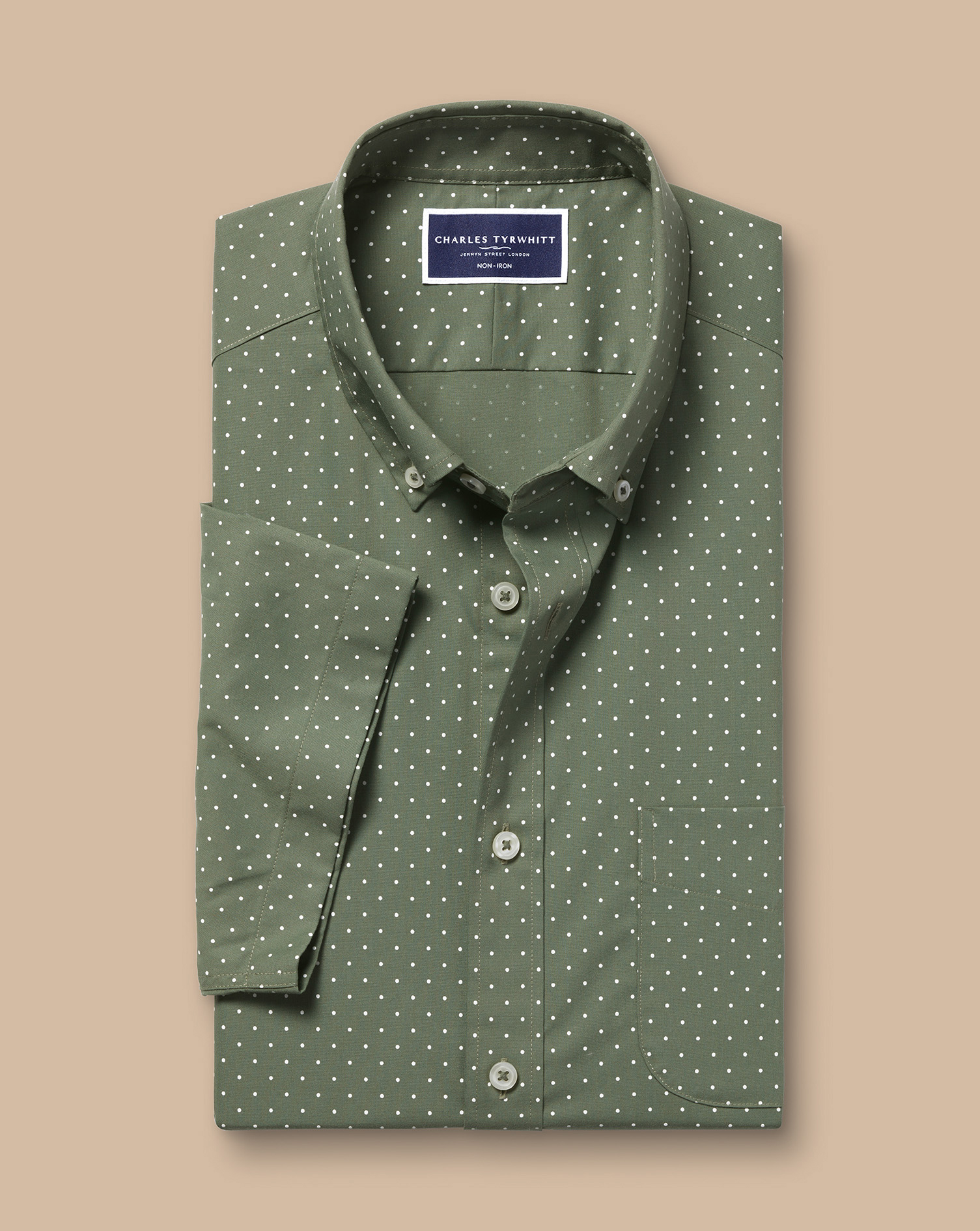 Non-Iron Stretch Spot Print Short Sleeve Shirt - Olive Green