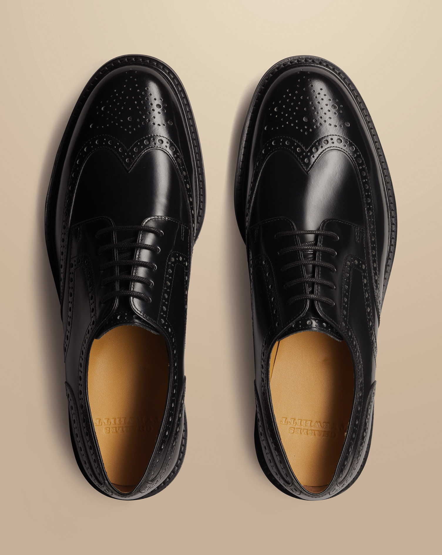 High Shine Leather Derby Brogue Rubber Sole Shoe - Black