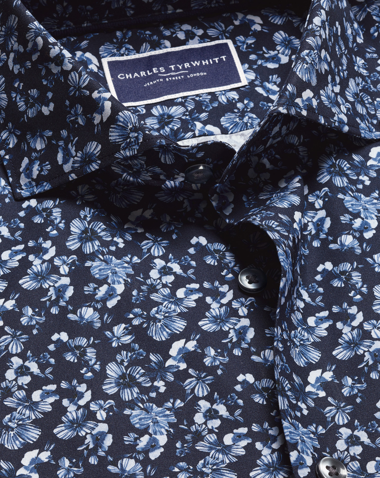 Made with Liberty Fabric Semi-Cutaway Large Floral Shirt - Navy