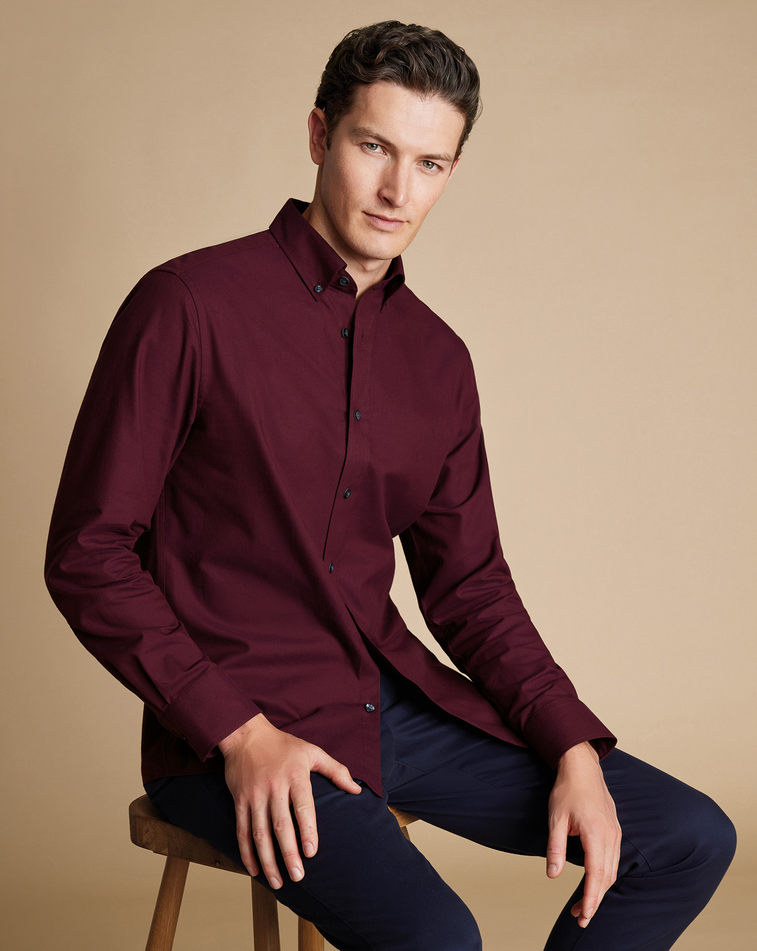 Button-Down Collar Brushed Cotton Twill Shirt - Dark Red