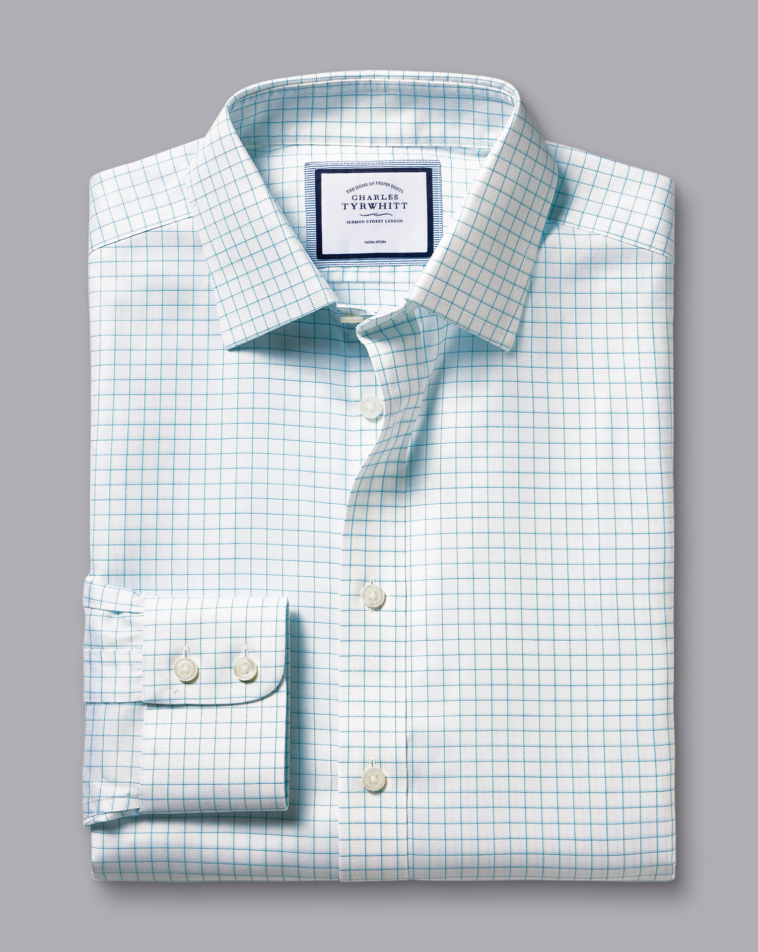 Non-Iron Twill Fine Shadow Check Shirt - Aqua Green