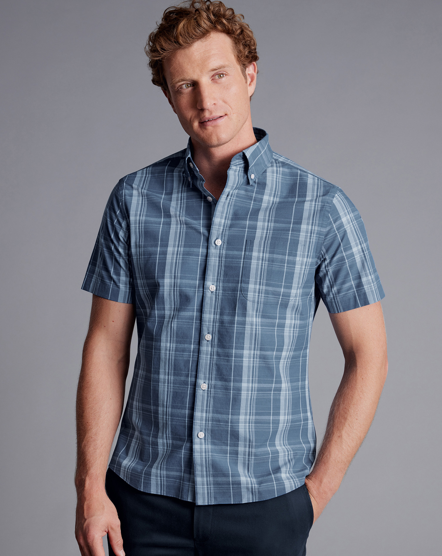 Button-Down Collar Non-Iron Stretch Poplin Slub Multi Check Short Sleeve Shirt - Steel Blue