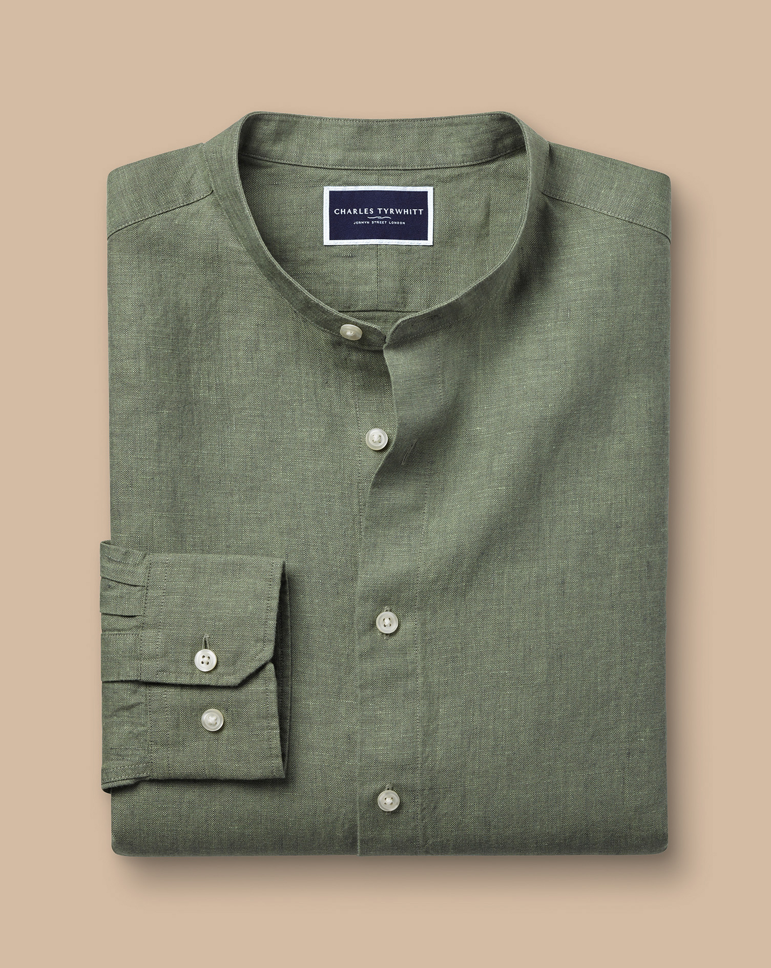 Collarless Pure Linen Shirt - Olive Green