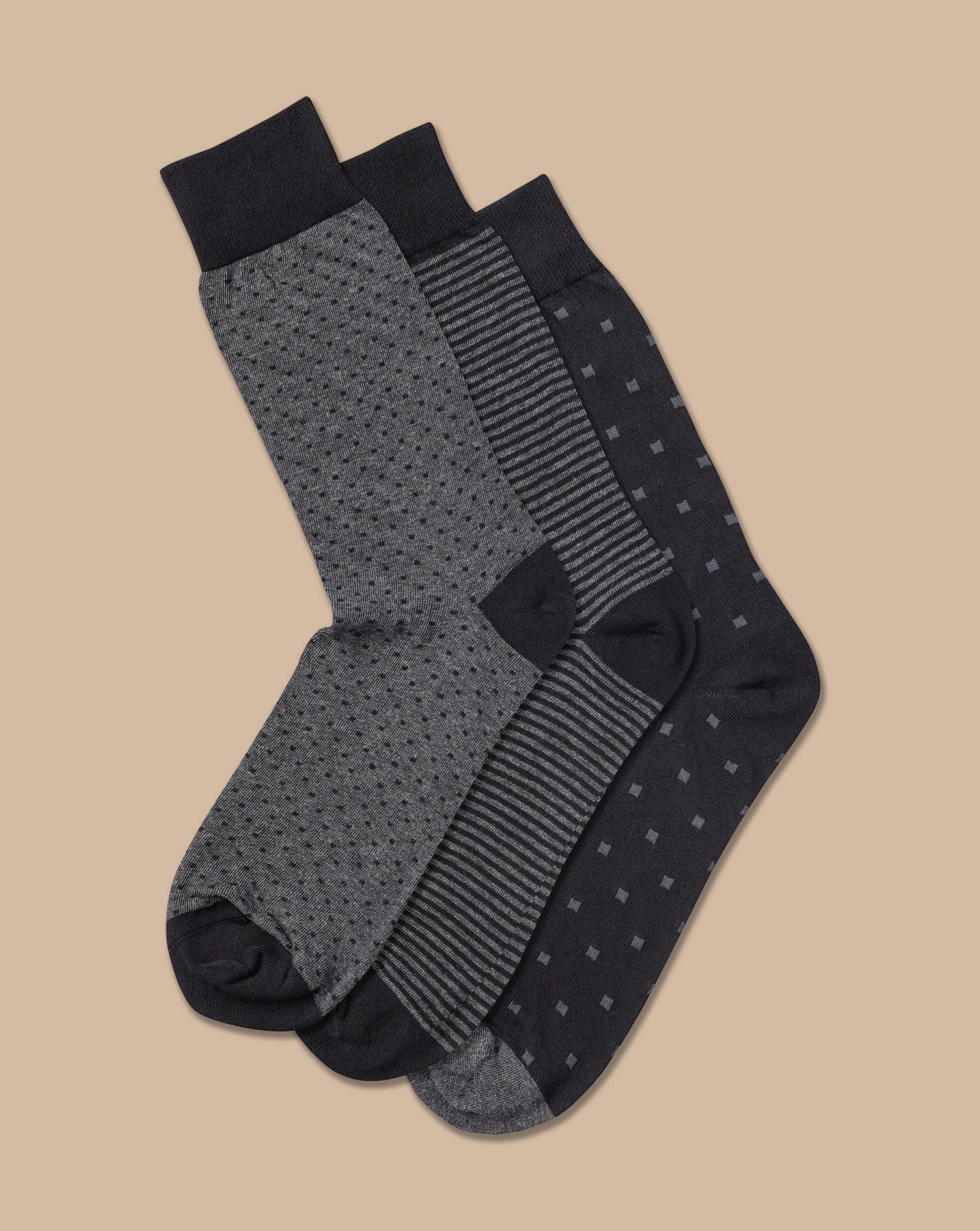 Shop Charles Tyrwhitt Men's  Rich 3 Pack Socks Pattern Black Size 10.5-13 Cotton