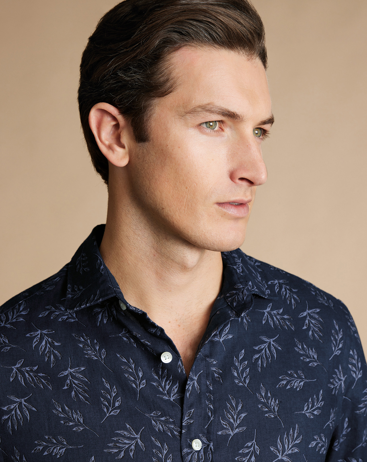 Pure Linen Leaf Print Short Sleeve Shirt - Indigo Blue