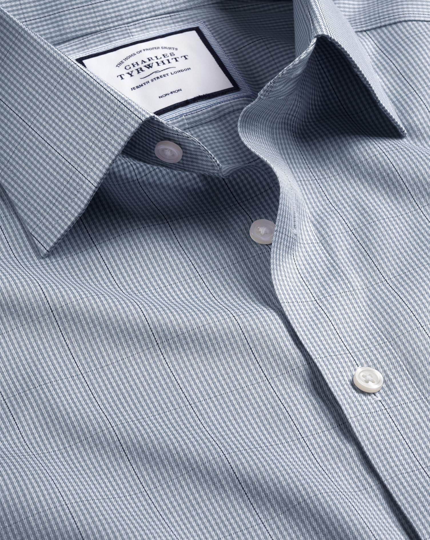 Charles Tyrwhitt Bügelfreies Twill-Hemd mit Mini-Hahnentrittmuster - Stahlblau Knopfmanschette