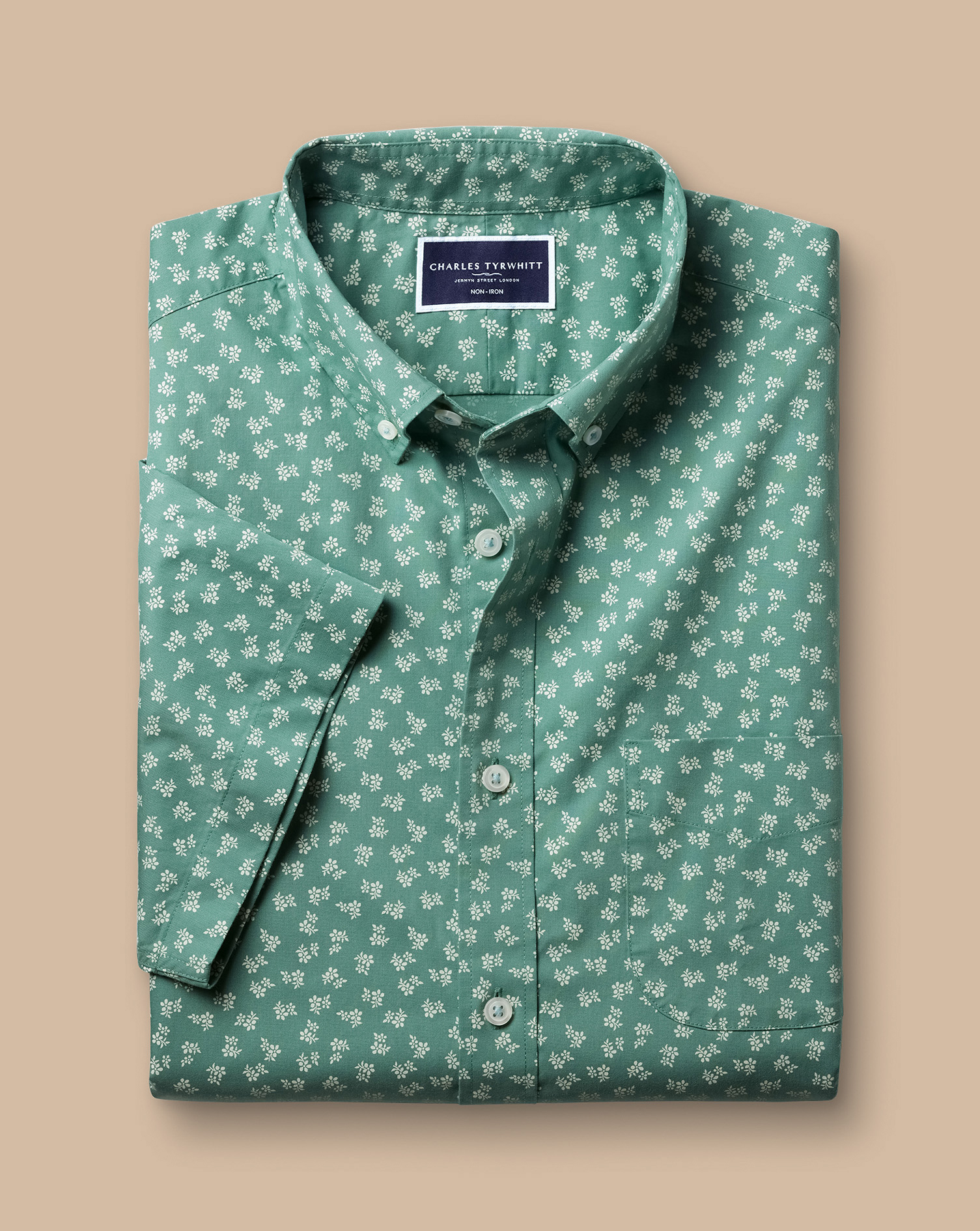 Non-Iron Floral Print Short Sleeve Shirt - Teal Green