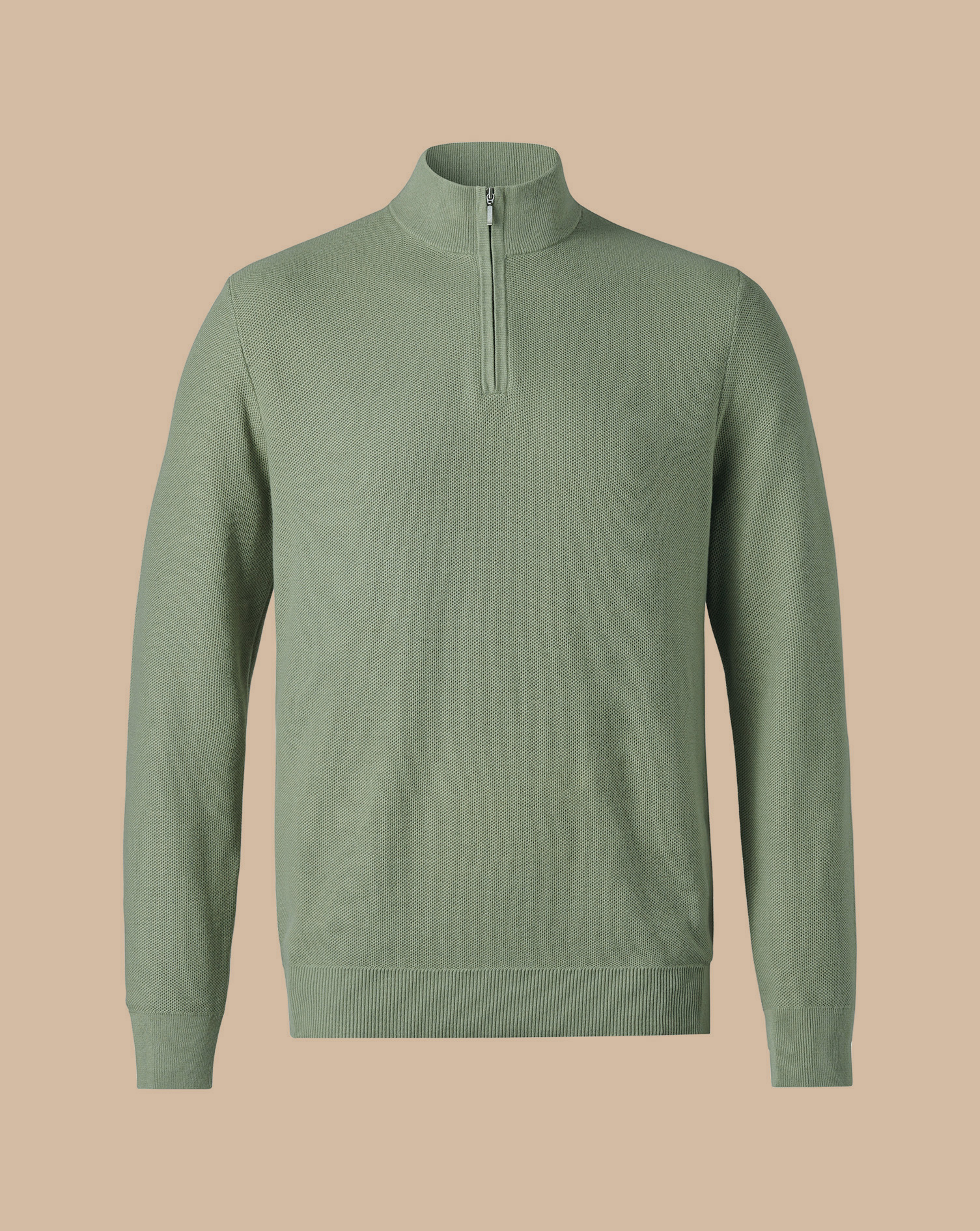 Honeycomb Cotton Zip Neck Jumper - Sage Green