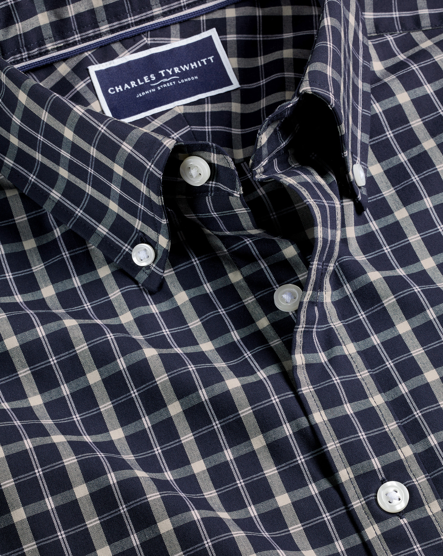 Button-Down Collar Non-Iron Stretch Poplin Check Shirt - Navy