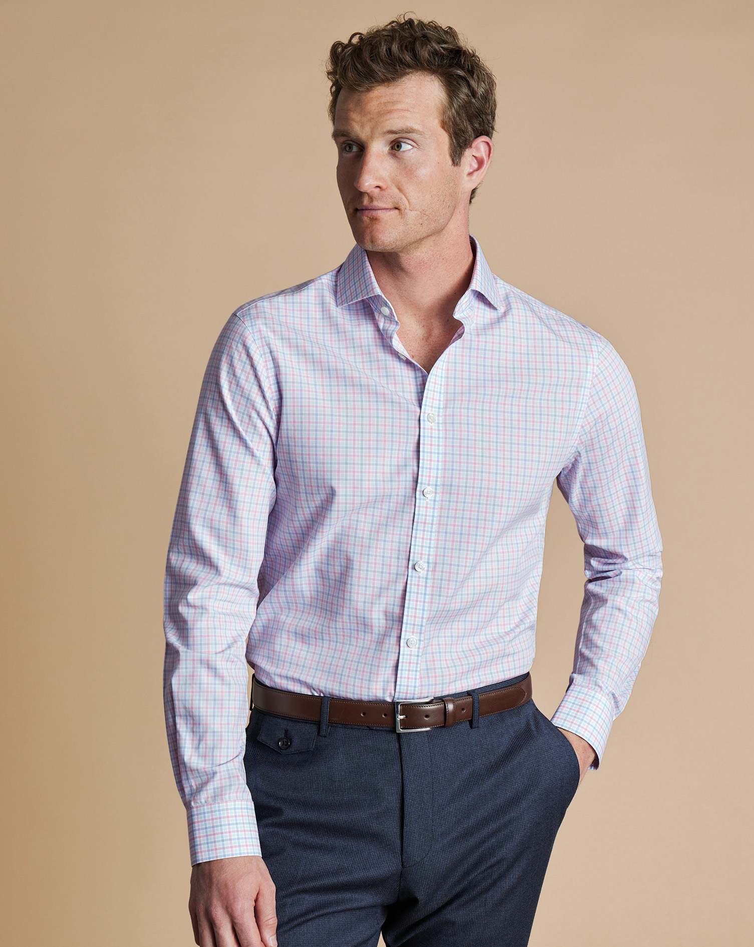 Cutaway Collar Non-Iron Poplin Multi Check Shirt - Pink & Sky