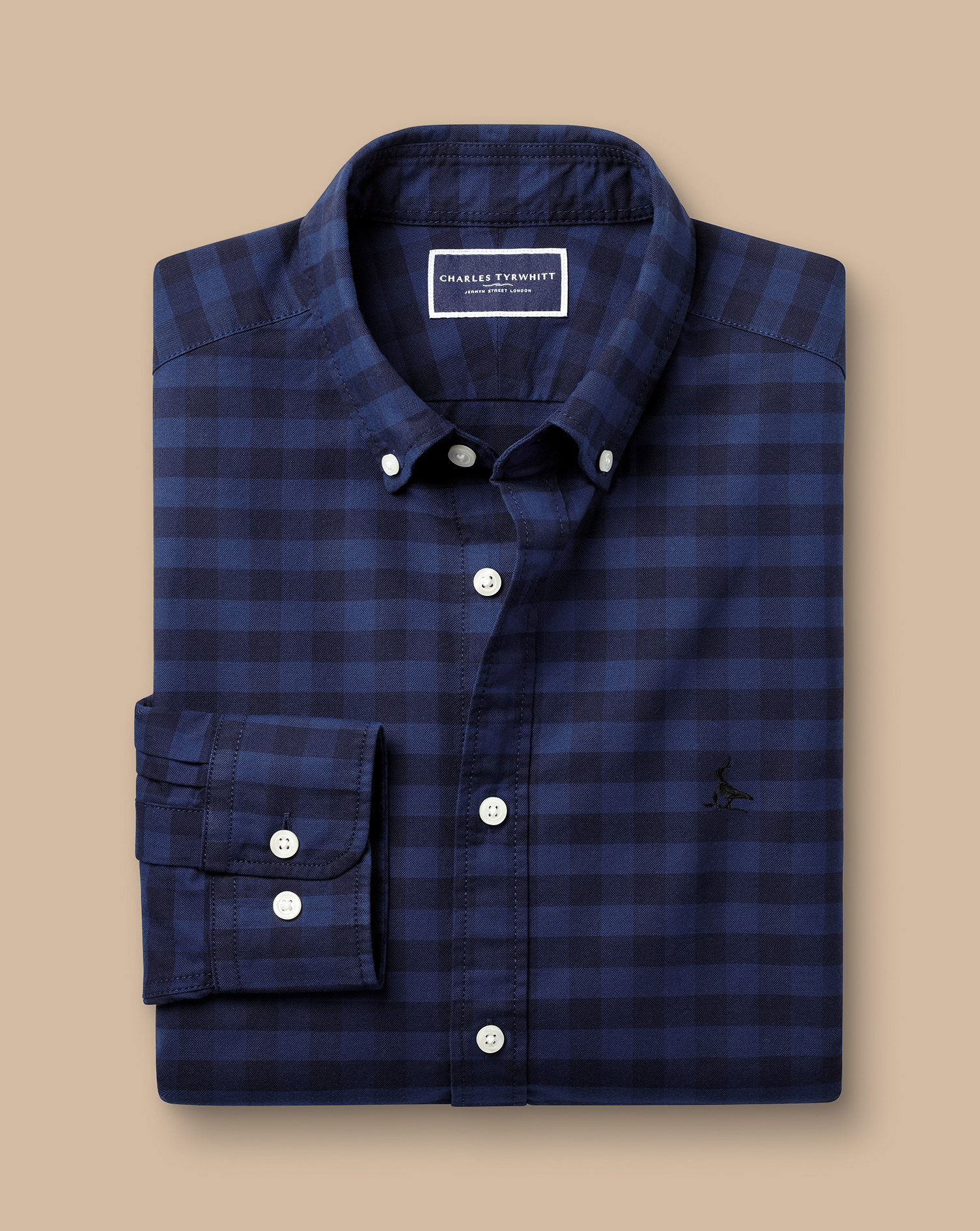 Button-Down Collar Stretch Washed Oxford Gingham Shirt - Ink Blue