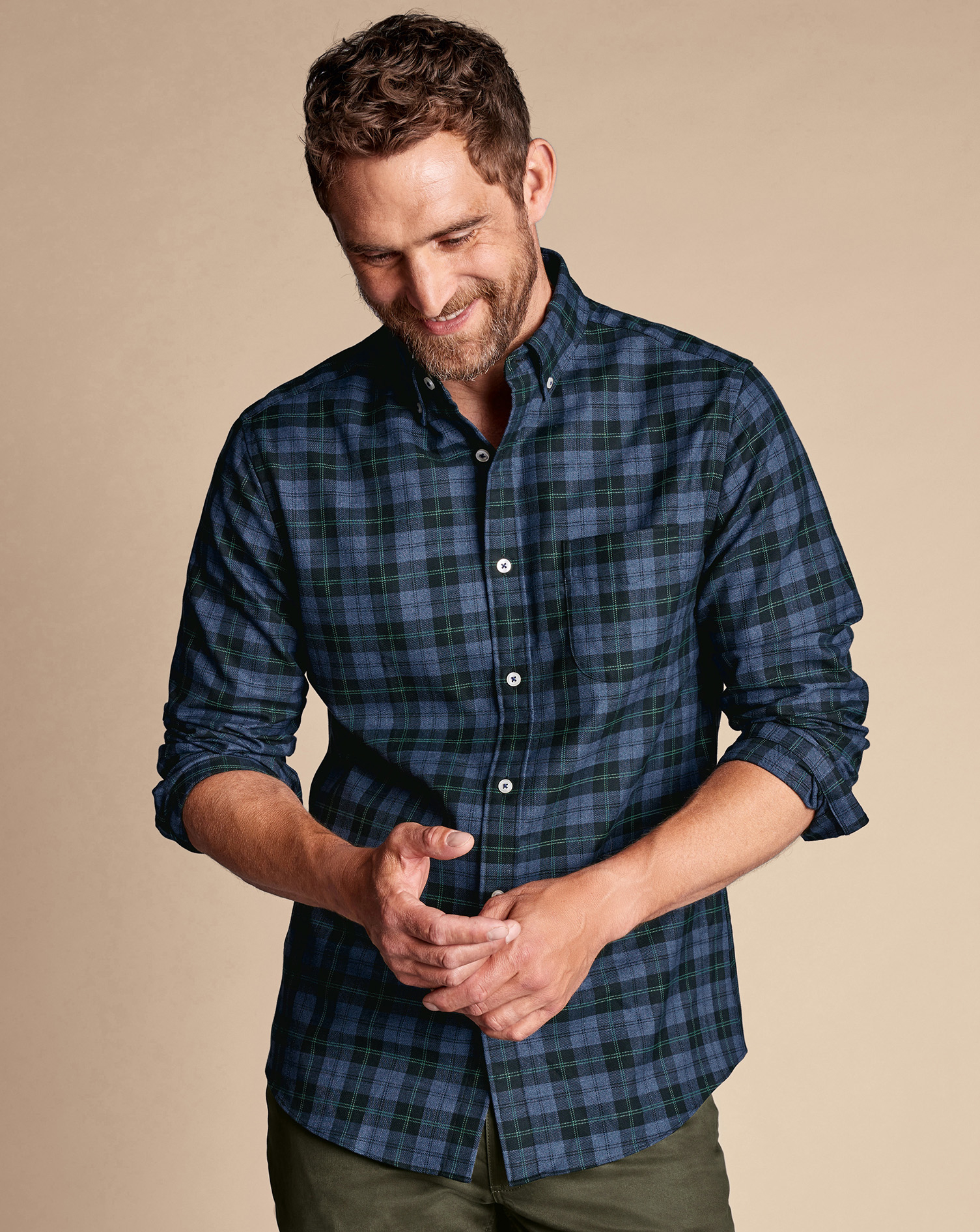 Button-Down Collar Non-Iron Twill Overcheck Shirt - Green