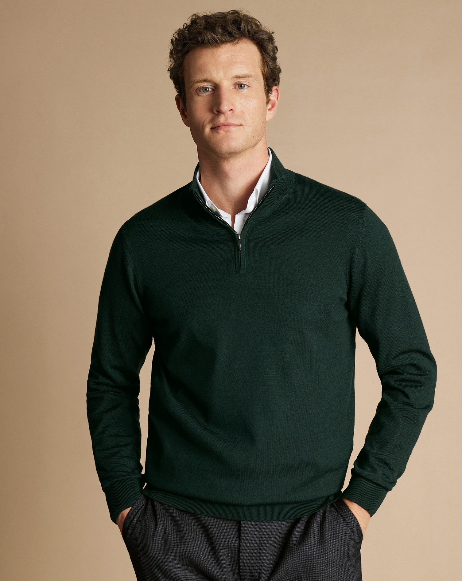 Merino Zip Neck Jumper - Forest Green