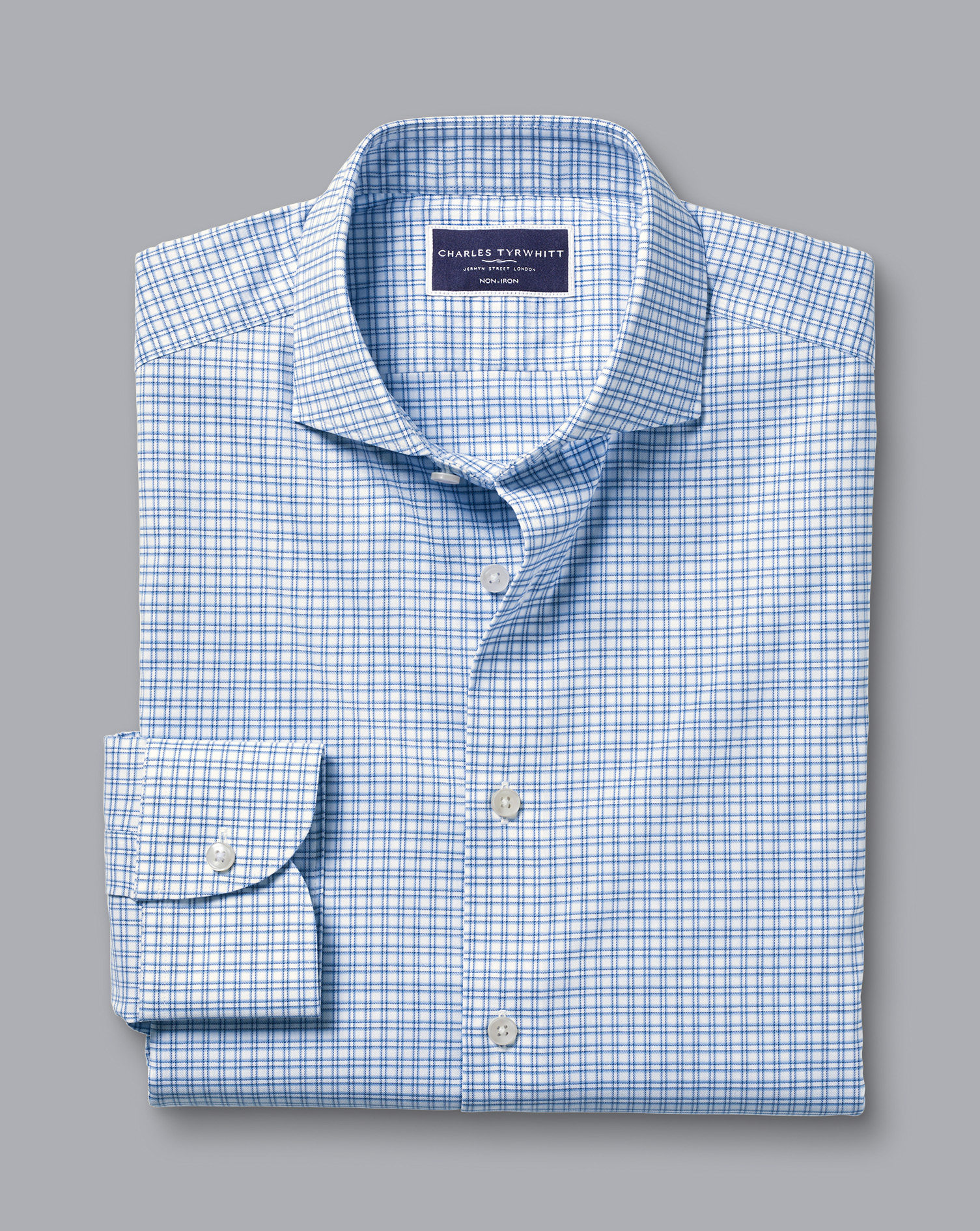 Non-Iron Stretch Twill Grid Check Shirt - Ocean Blue