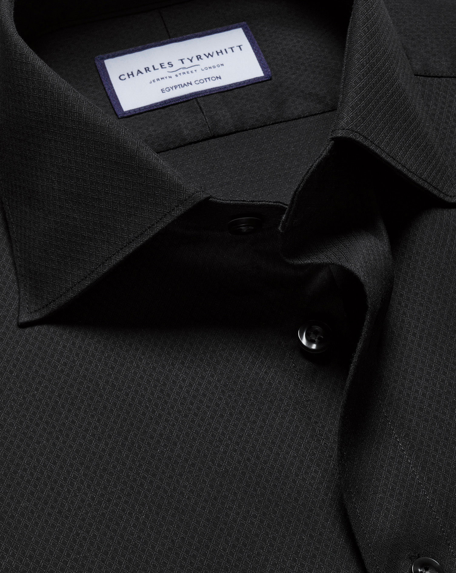 Semi-Cutaway Collar Egyptian Cotton Ascot Weave Shirt - Black