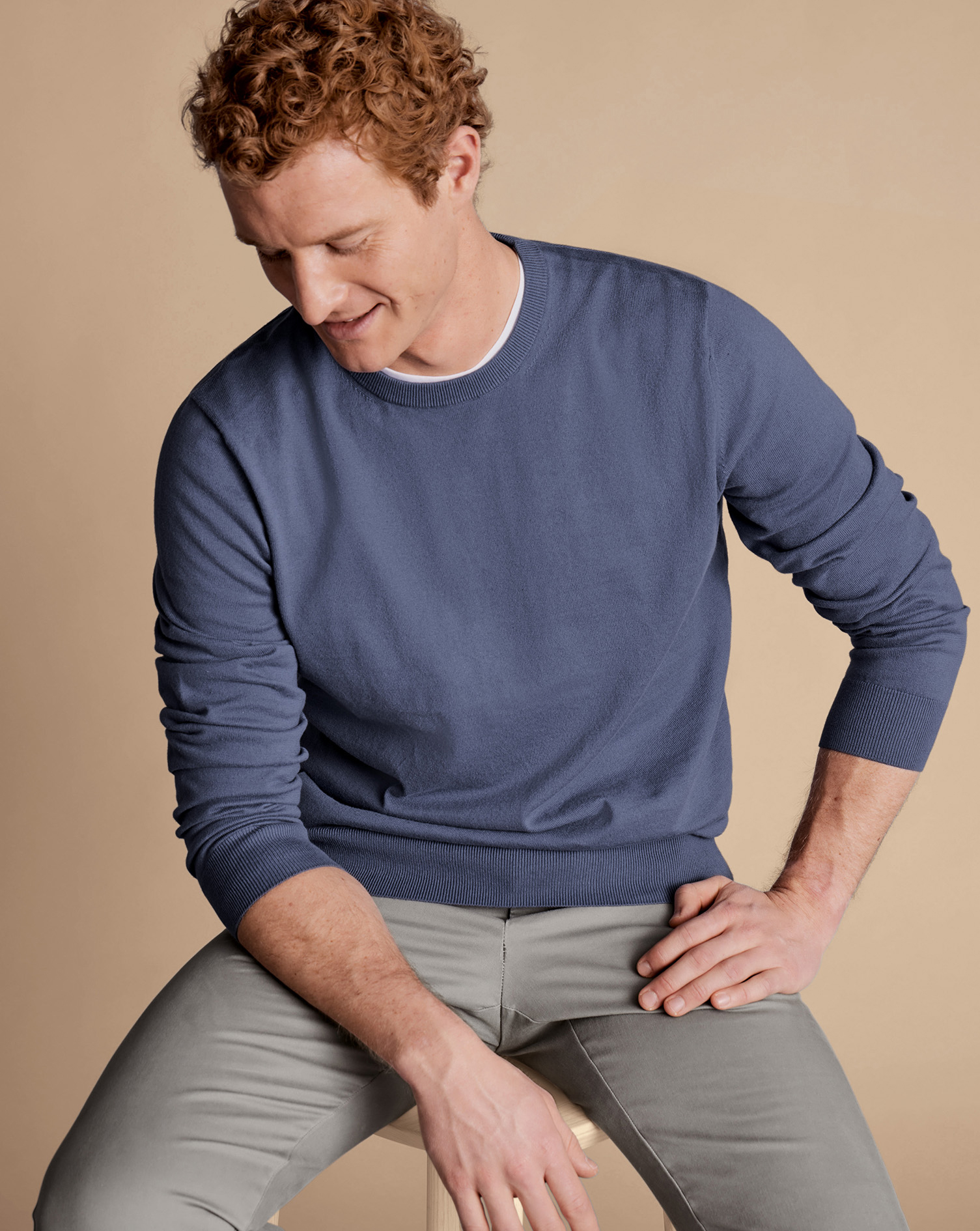 Combed Cotton Crew Neck Jumper - Blue