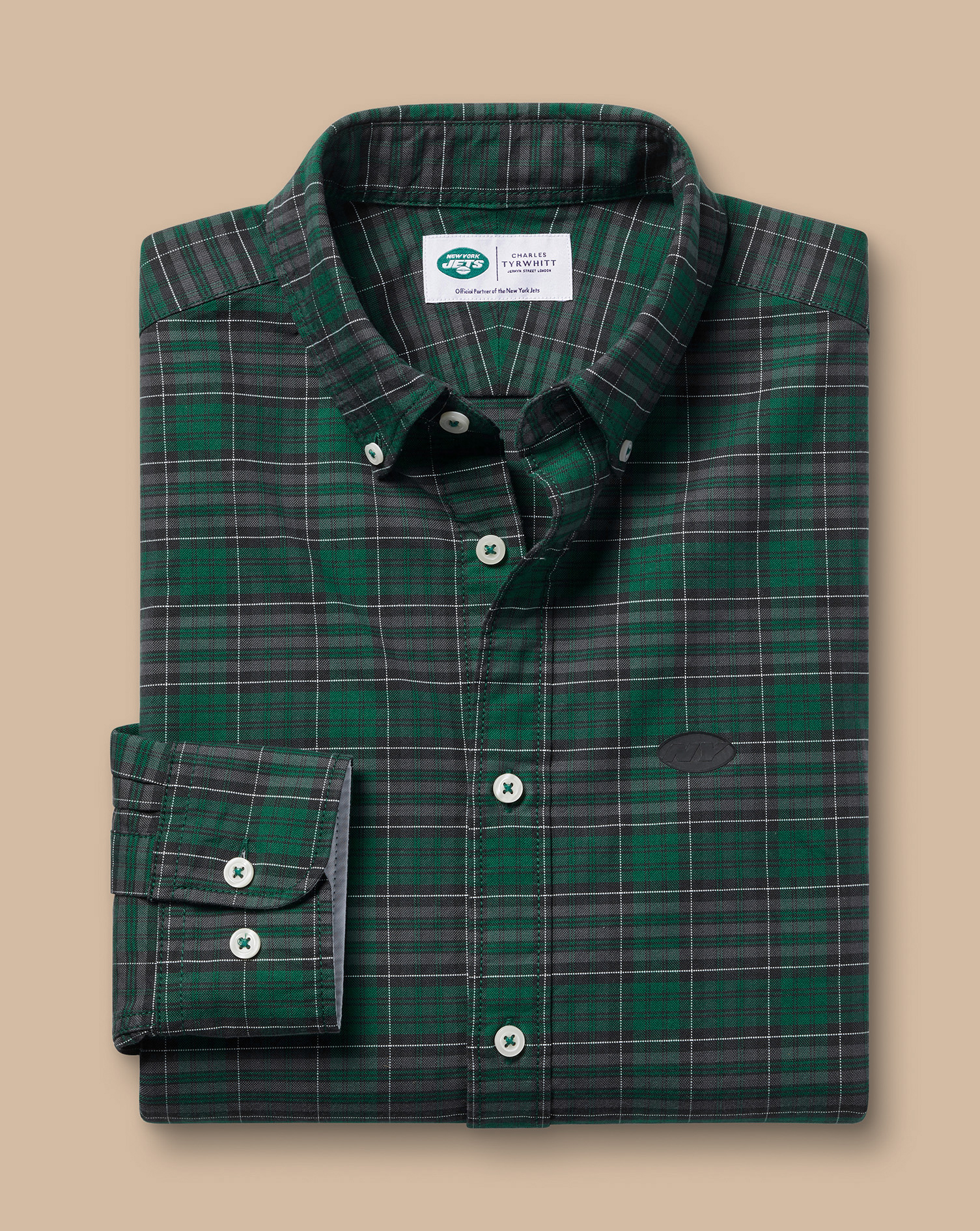 New York Jets Button-Down Collar Washed Oxford Check Shirt - Green