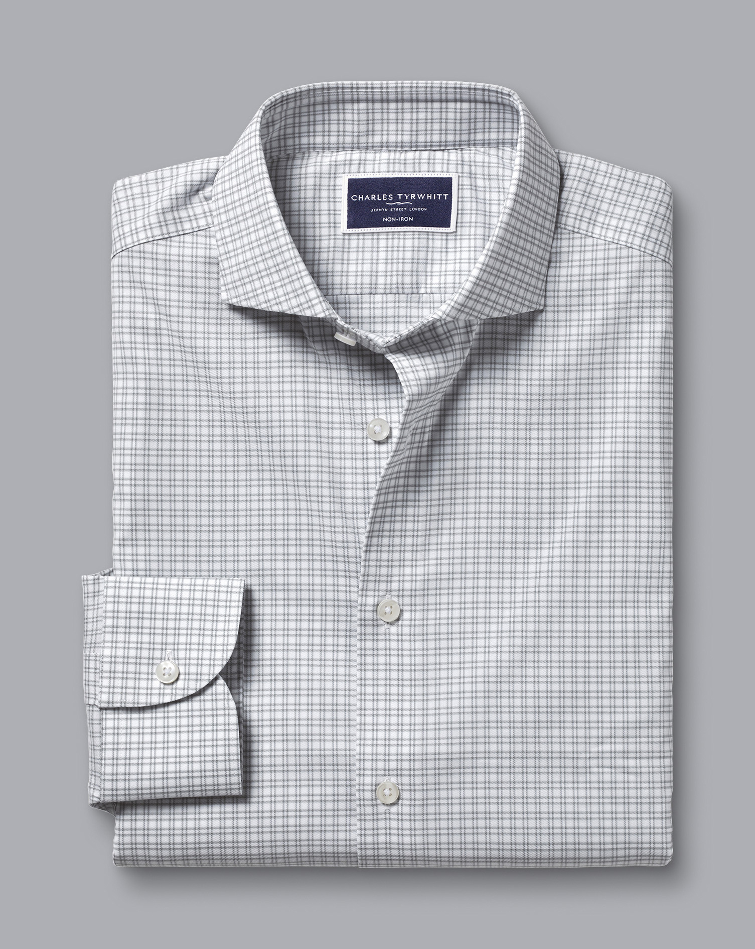 Non-Iron Stretch Twill Grid Check Shirt - Silver Grey