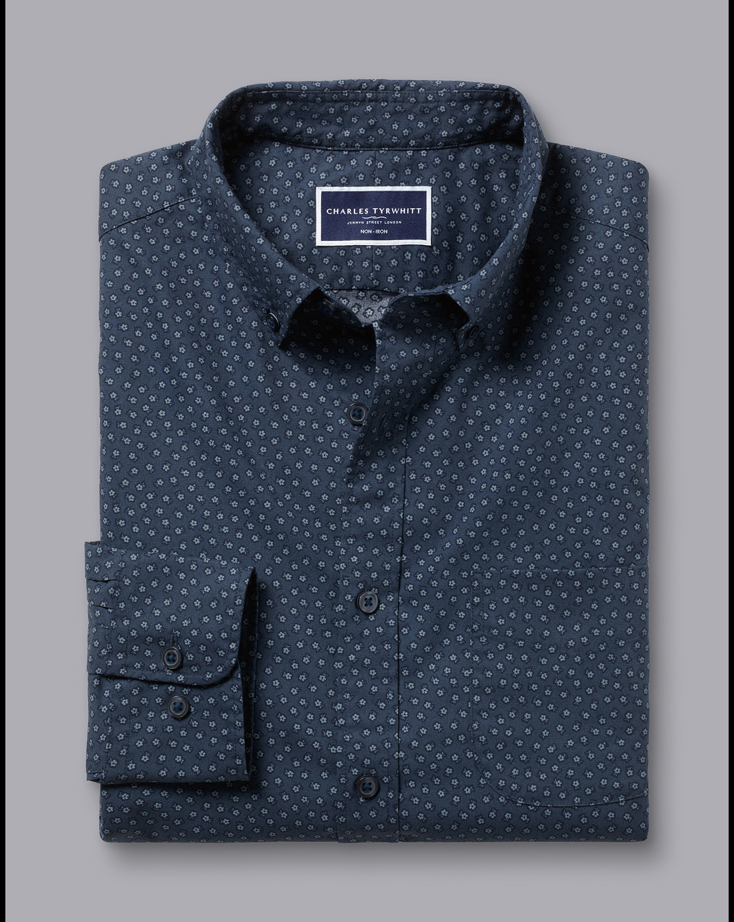 Button-Down Collar Non-Iron Midi Floral Print Shirt - Petrol Blue