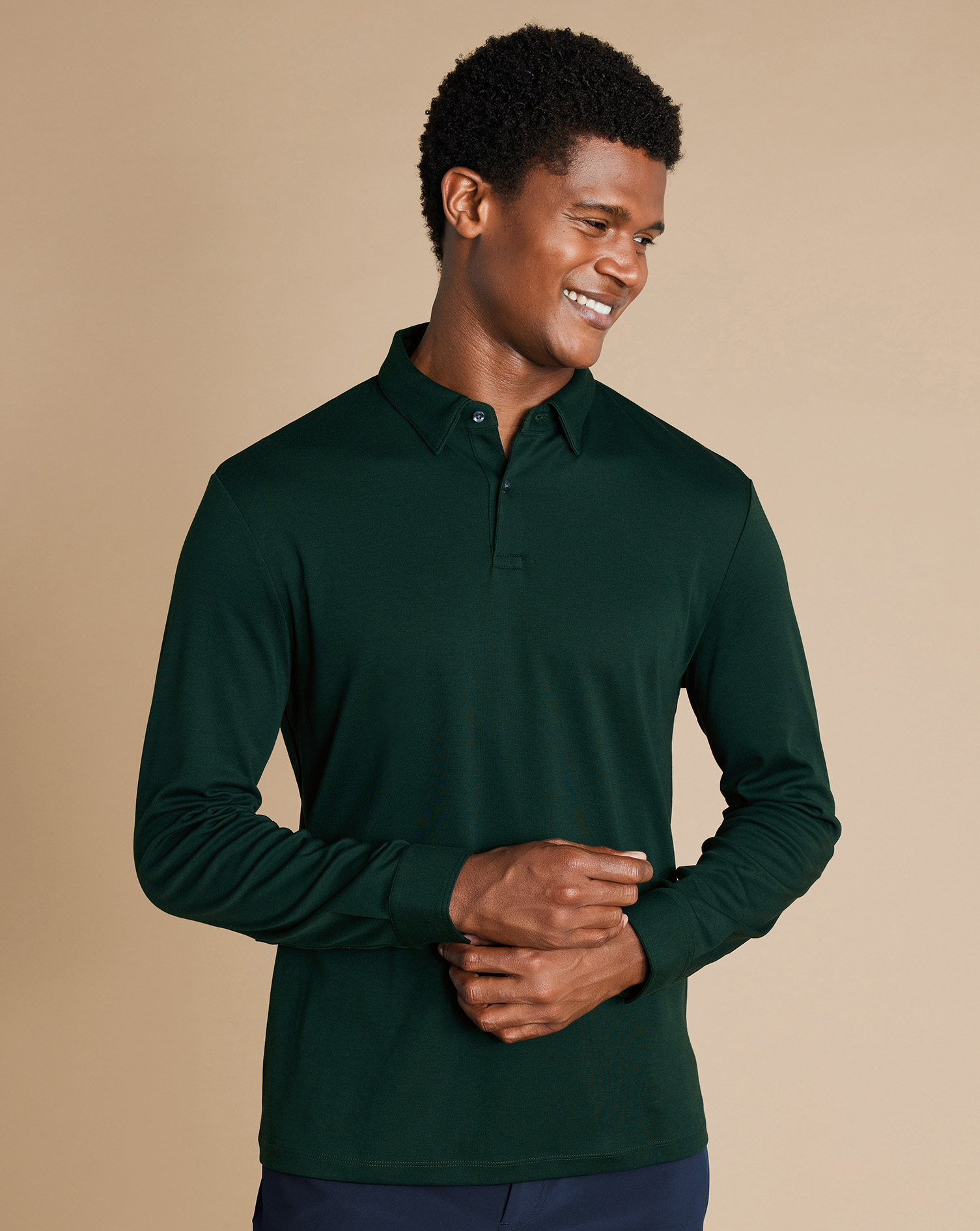 Charles Tyrwhitt Smarte Langärmeliges Performance Jersey-Polo - Dunkelgrün