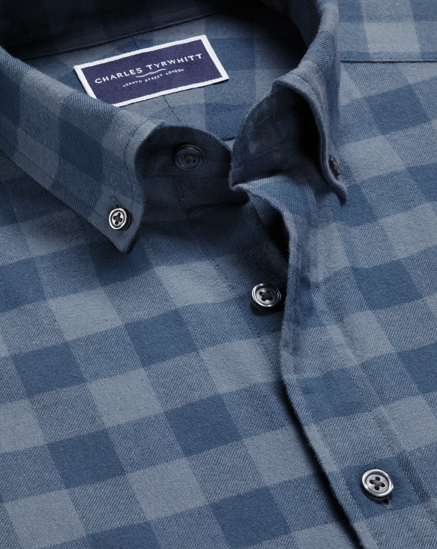 Button-Down Collar Brushed Flannel Gingham Shirt - Steel Blue