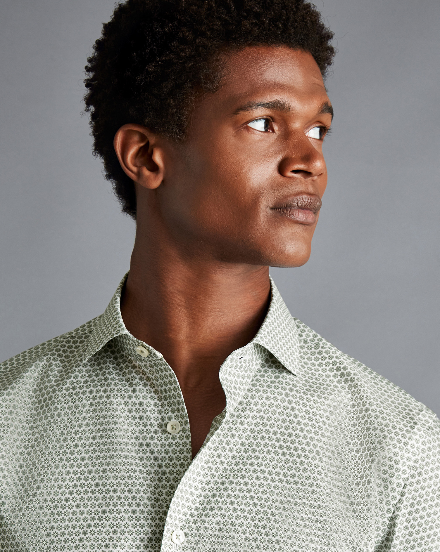 Semi-Cutaway Collar Non-Iron Decorative Print Shirt - Olive Green