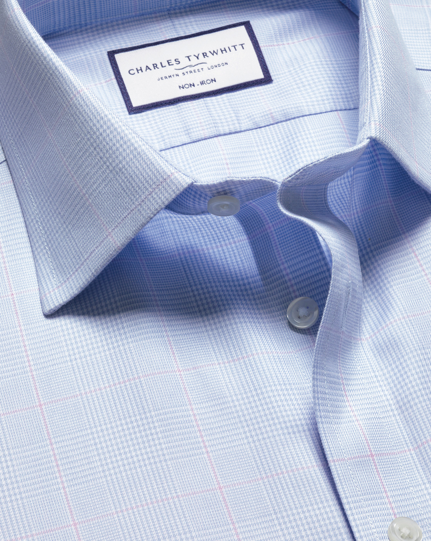 Charles Tyrwhitt Bügelfreies Twill-Hemd mit Prince-of-Wales-Karos - Hellblau Umschlagmanschette