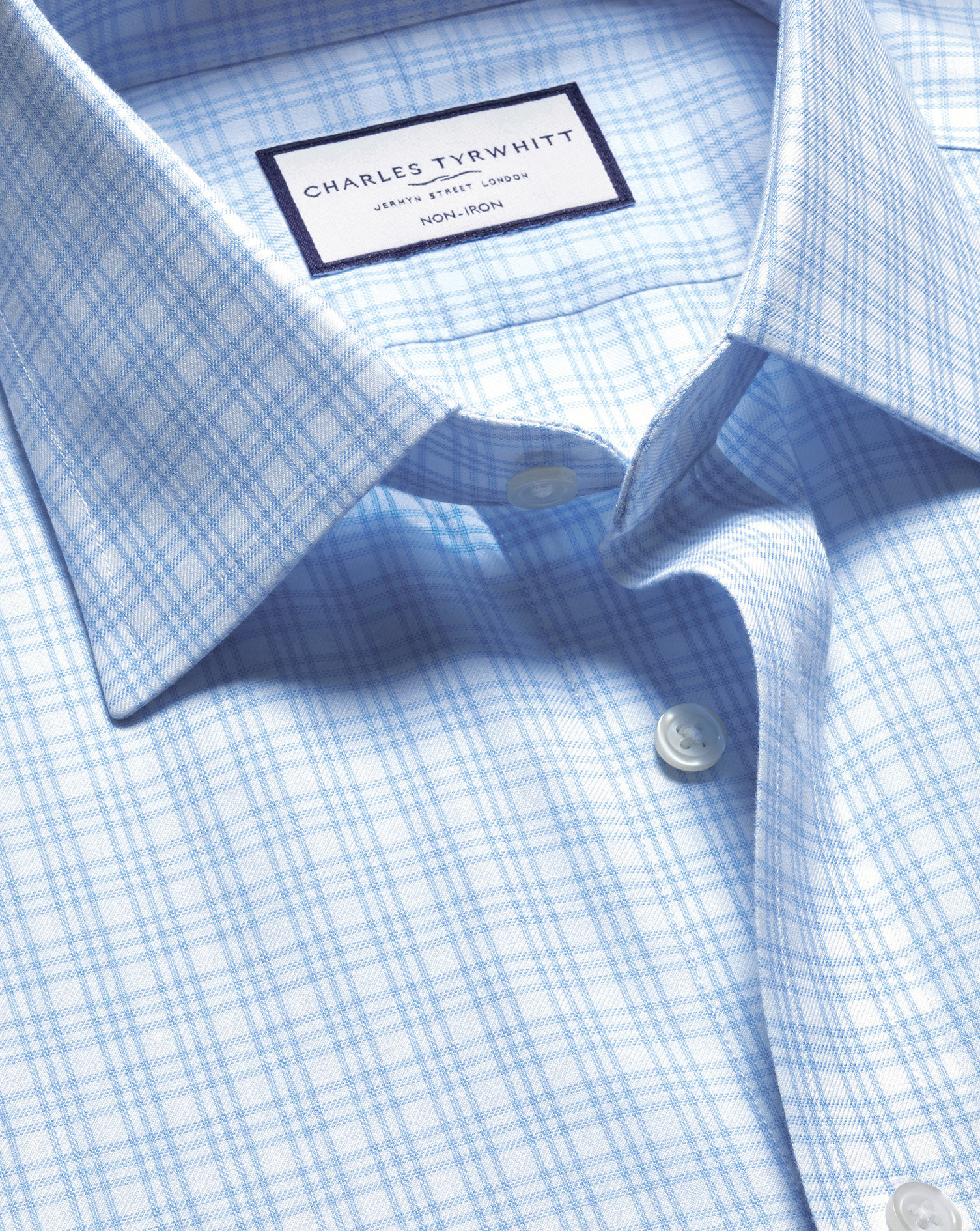 Charles Tyrwhitt Bügelfreies Twill-Hemd mit Karos - Himmelblau Knopfmanschette